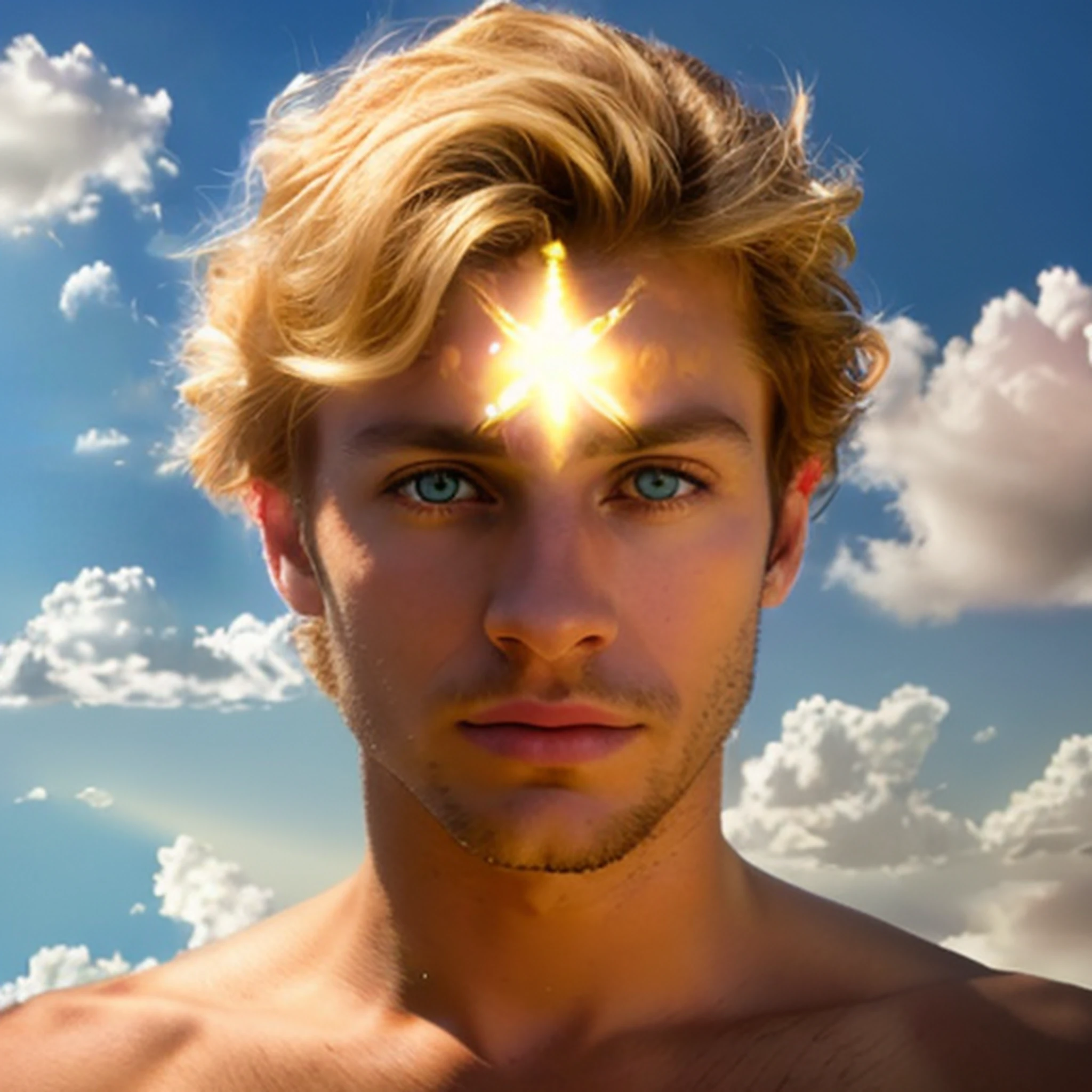 arafed man with a star on his forehead and a bright star on his forehead, glowing halo above his head, portrait of magical blond prince, male with halo, glowing angelic being, he has a glow coming from him, glowing golden aura, lean man with light tan skin, face is brightly lit, fantasy male portrait, channeling third eye energy