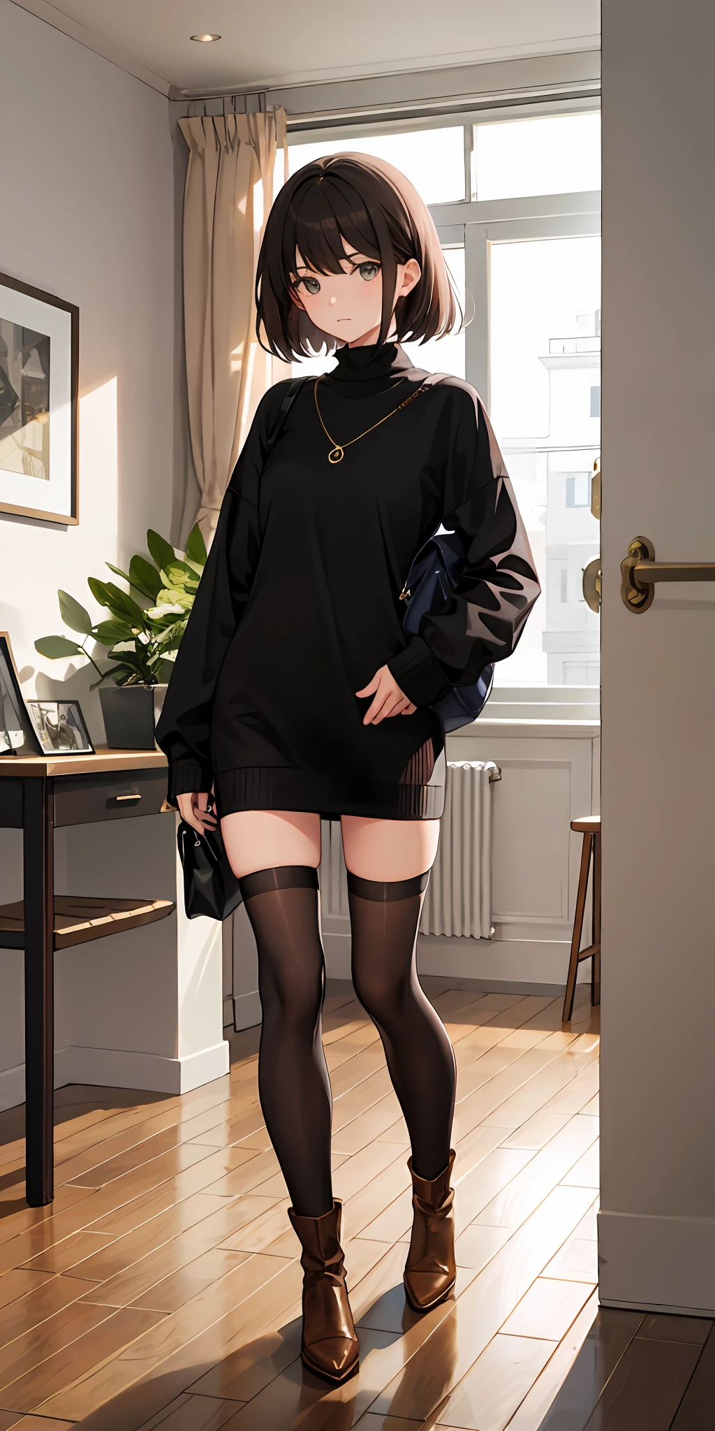 Sideslit, 8K,Wallpapers,tmasterpiece,Morning,inside a house,1girll,Solo,brunette color hair,short detailed hair,blackigeyes,expressiveless,Black knitwear,Beige miniskirt,Hosiery,Brown leather boots,Stand up
