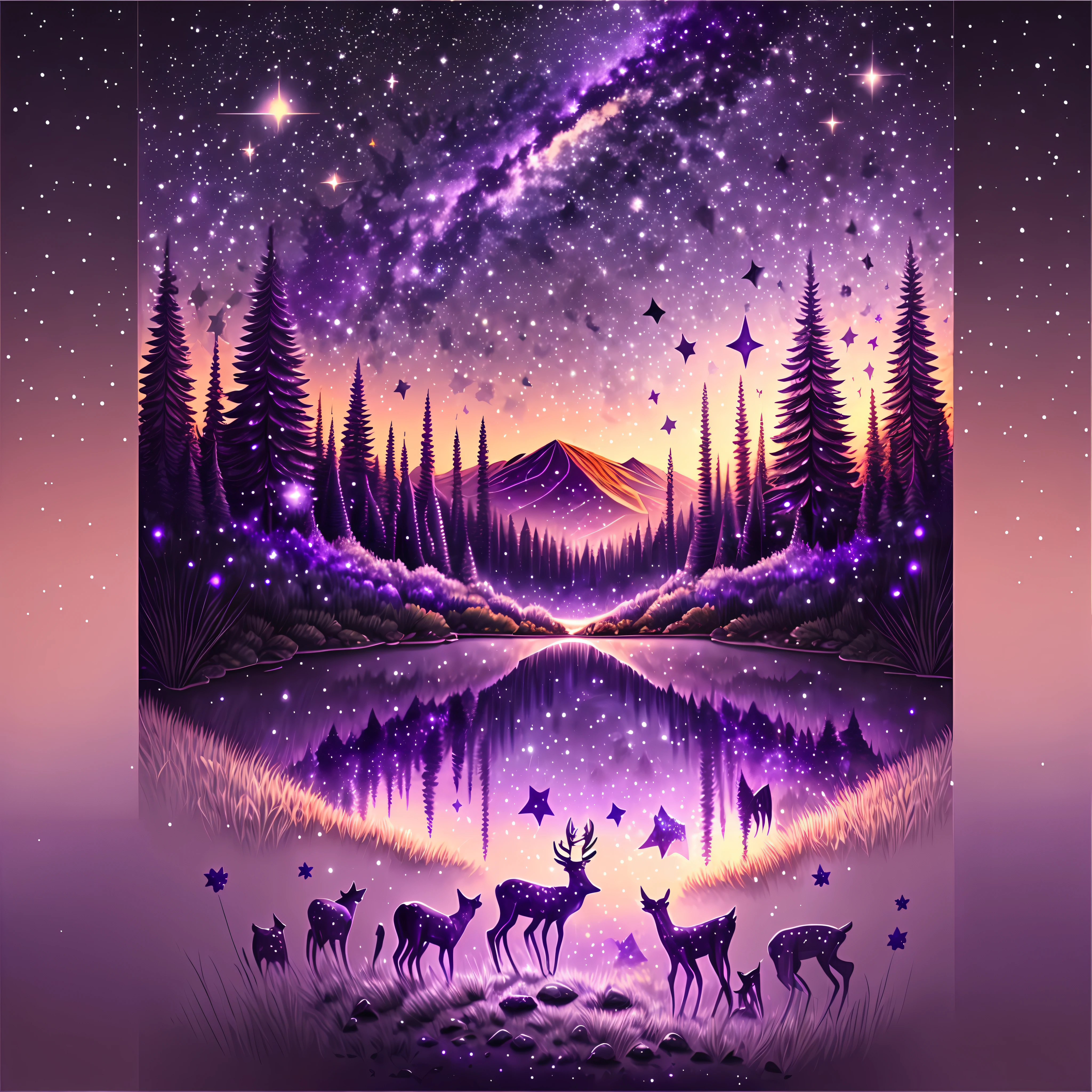 starrysky,deers,purpleish color ,Warm colors