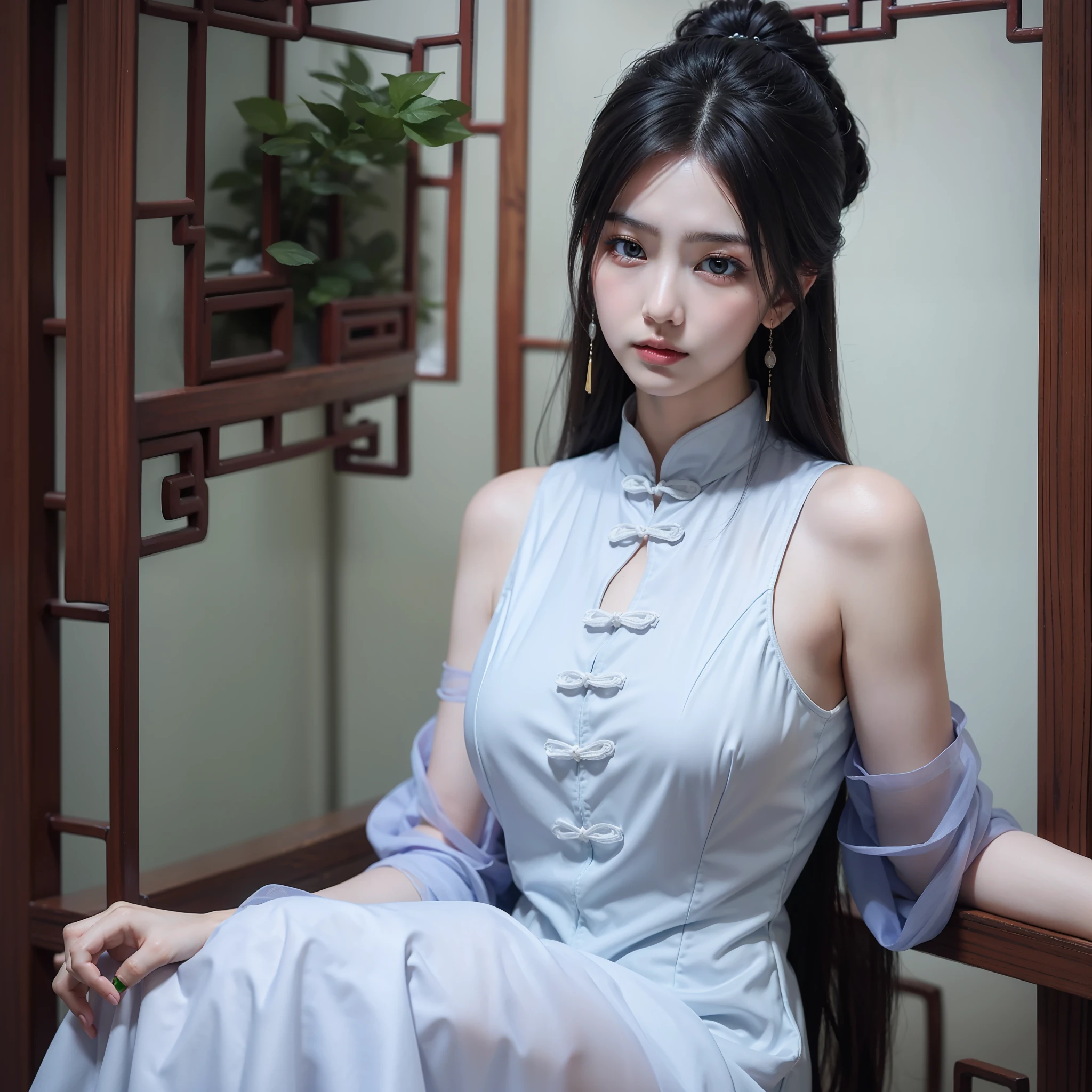 (1 cute Chinese star) realistic photo, medium breast size, purple slip dress, ancient Chinese architectural background, clear facial features, 8K high resolution, clear and realistic details, sexy long dress, gorgeous young Chinese woman, light purple