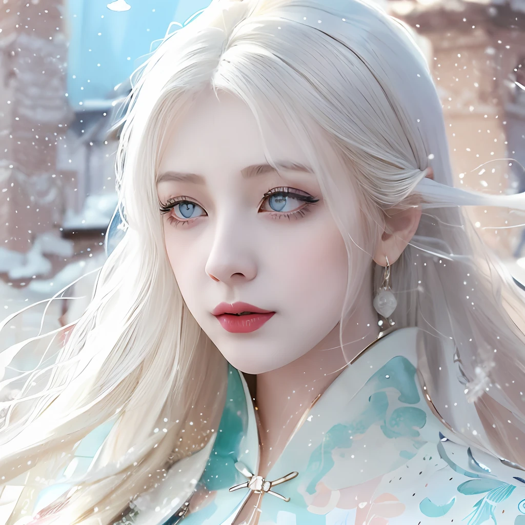 (Best image quality、The painting style is beautiful：)，[a beauty girl，femele，Royal sister figure，(short detailed hair;White hair:Blue eyes:1.3)]，White snow cheongsam