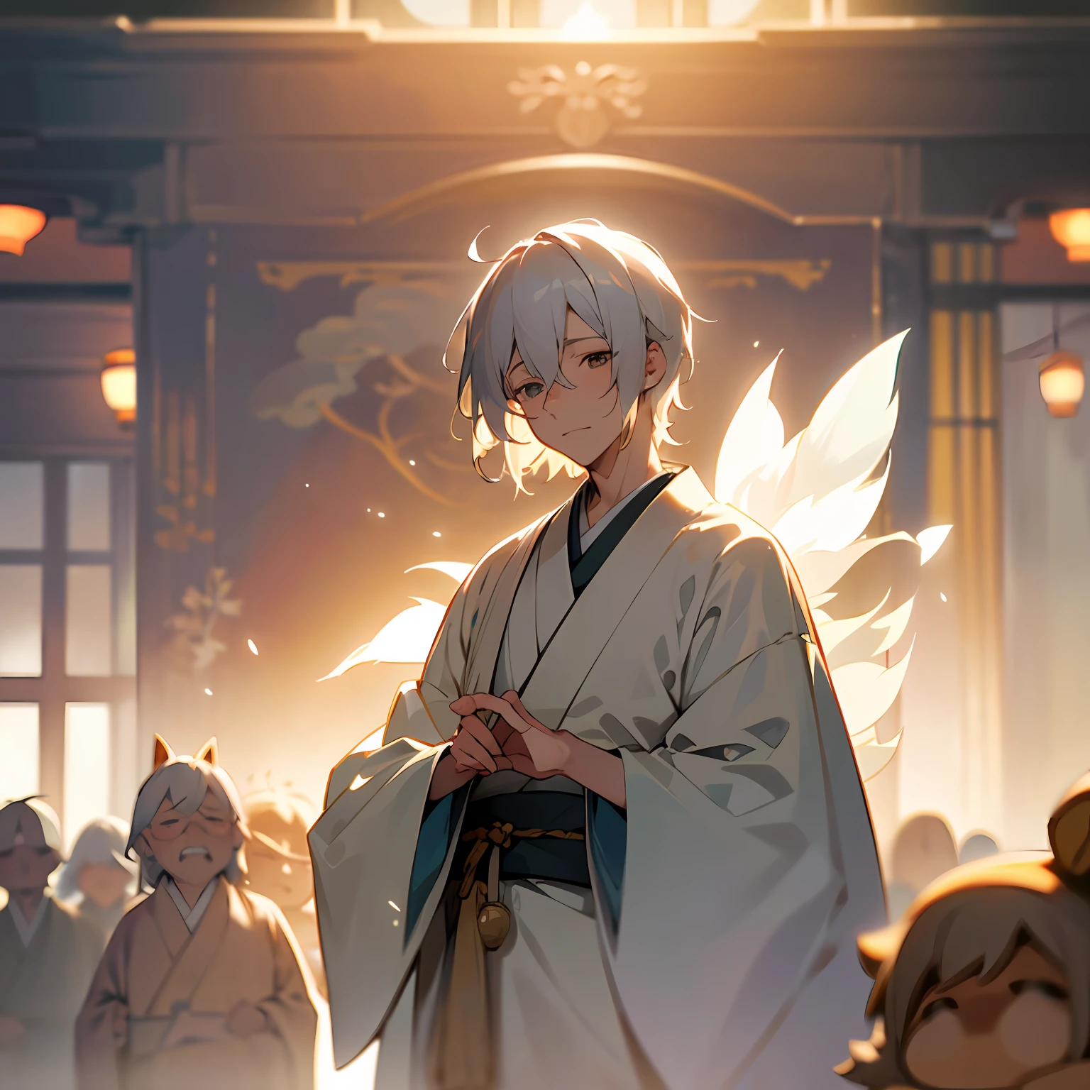 The white-haired man is cute and charming,Exquisite CG illustration,Depth of field playful,Soft two-dimensional light and shadow,A cozy scene with a little Japanese anime elements,It's heart-wrenching,Unforgettable。 --auto