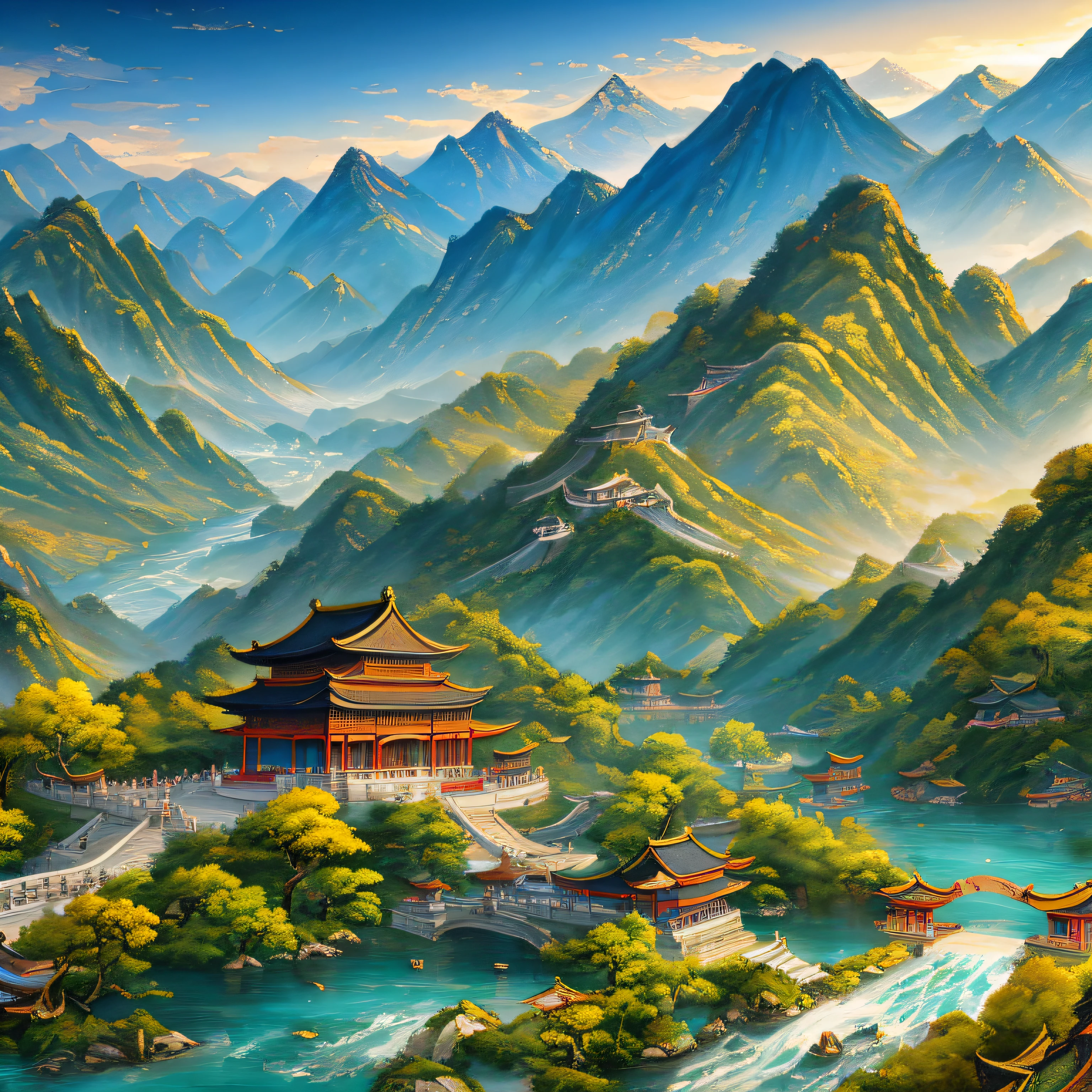 An ancient Chinese painting, ancient Chinese background, mountains, rivers, auspicious clouds, pavilions, sunshine, masterpieces, super detail, epic composition, ultra HD, high quality, extremely detailed, official art, unified 8k wallpaper, Super detail, 32k -- v 6 --auto