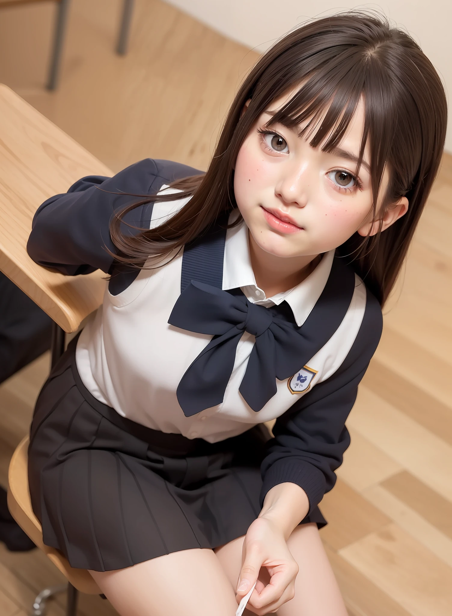 Round-faced school uniform looking up at the black-haired blush classroom