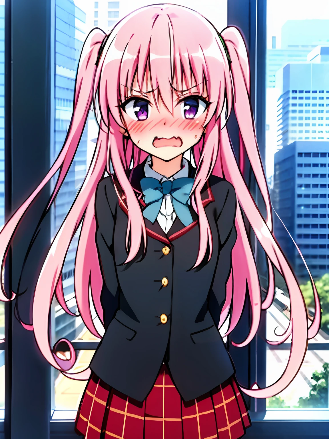 high-level image quality girl with, city of the future,masterpiece, top-quality, beautiful lighting, red blush, Twin-tailed, Opening Mouth, @ @, Nana Asta Deviluk, A pink-haired, the bow, a purple eye, blush of the nose, length hair, Wavy mouth, looking at the viewers, hair between eye, embarrassed from, 校服, a bow tie, by Greg Rutkowsky