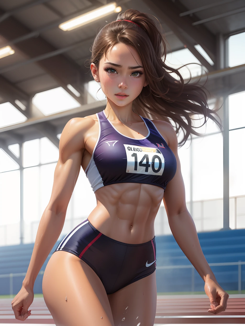 (Digital Painting),(Best Quality), 1girl in,track and field uniform,Charming face,small head,big beatiful eyes,Large breasts,Trained abs,nice legs,wet skins sweat,track and field,dynamic shot