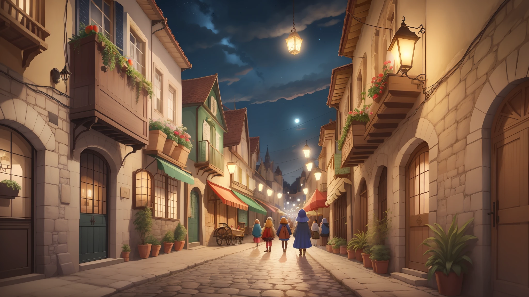 desenho animado estilo chibi de um castelo medieval . cidade medieval chigantesco, imagem detalhadas, rua de pedras,Wagons,frutas,pessoas,vestes antiga noite, toxas, noite iluminada .imagem desenho em 8k
