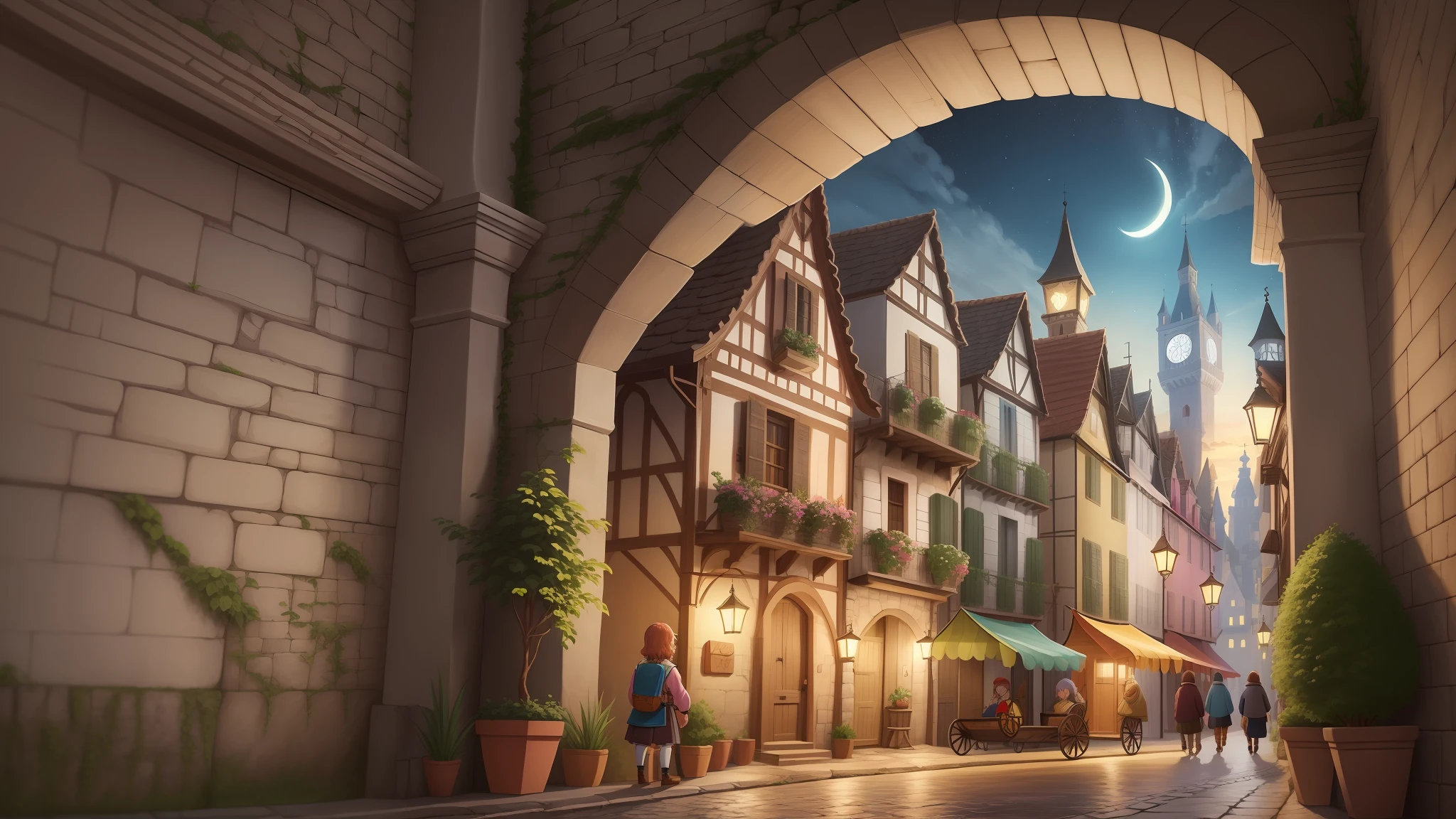 desenho animado estilo chibi de um castelo medieval . cidade medieval chigantesco, imagem detalhadas, rua de pedras,Wagons,frutas,pessoas,vestes antiga noite, toxas, noite iluminada .imagem desenho em 8k