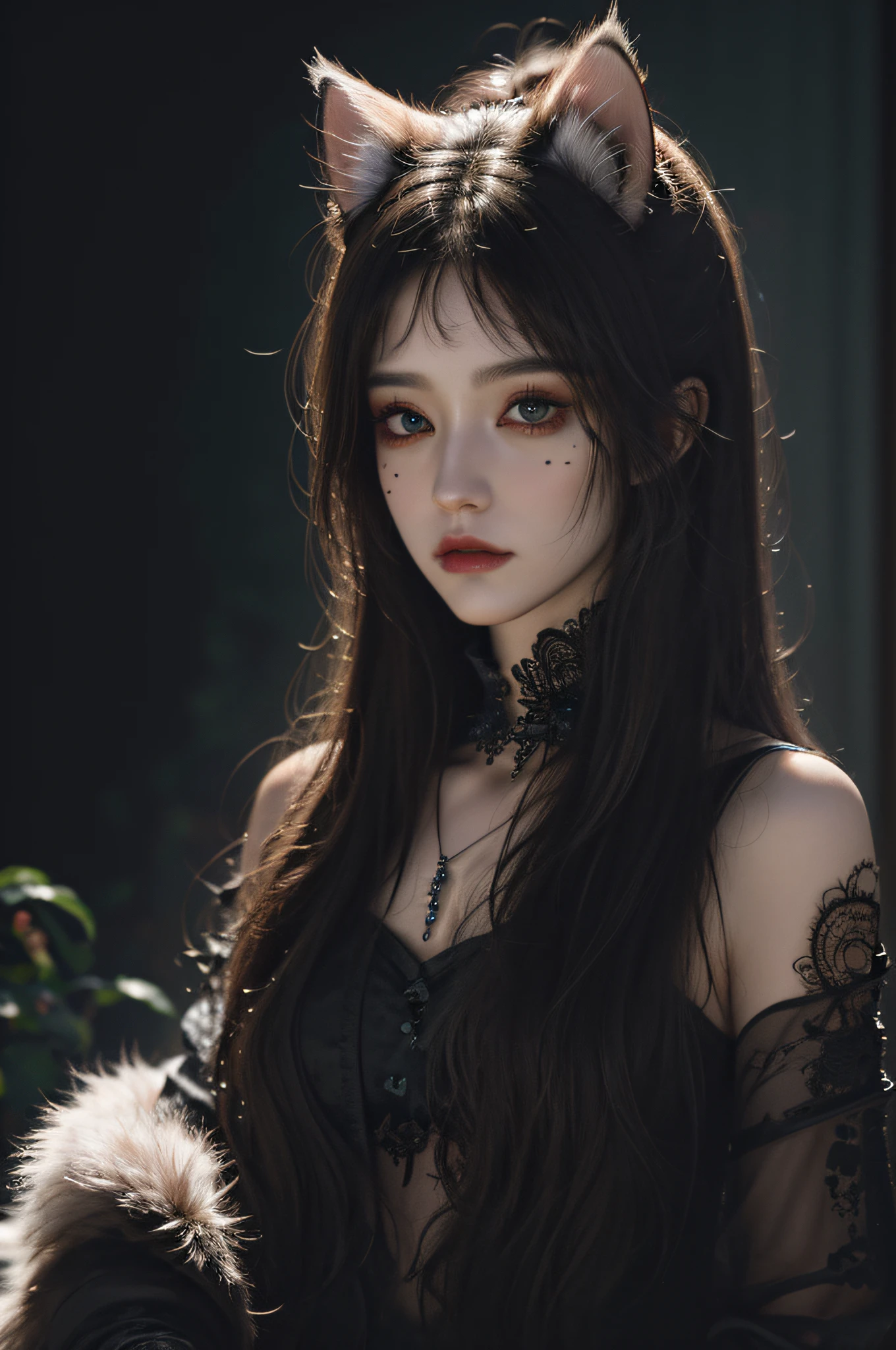 (absurdres, highres, ultra detailed), 1girl, solo, extremely detailed eyes, (official art, beautiful and aesthetic:1.2), (dark art,erosion,fractal art :1.3), colorful, horror,highest detailed, (fluffy cat ears)