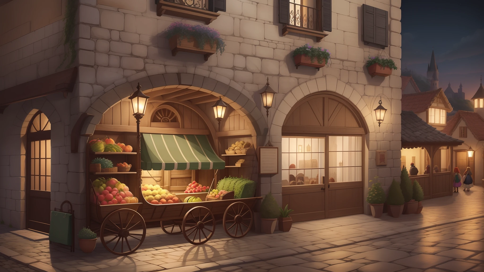 desenho animado estilo chibi de um castelo medieval . cidade medieval chigantesco, imagem detalhadas, rua de pedras,Wagons,frutas,pessoas,vestes antiga noite, toxas, noite iluminada .imagem desenho em 8k