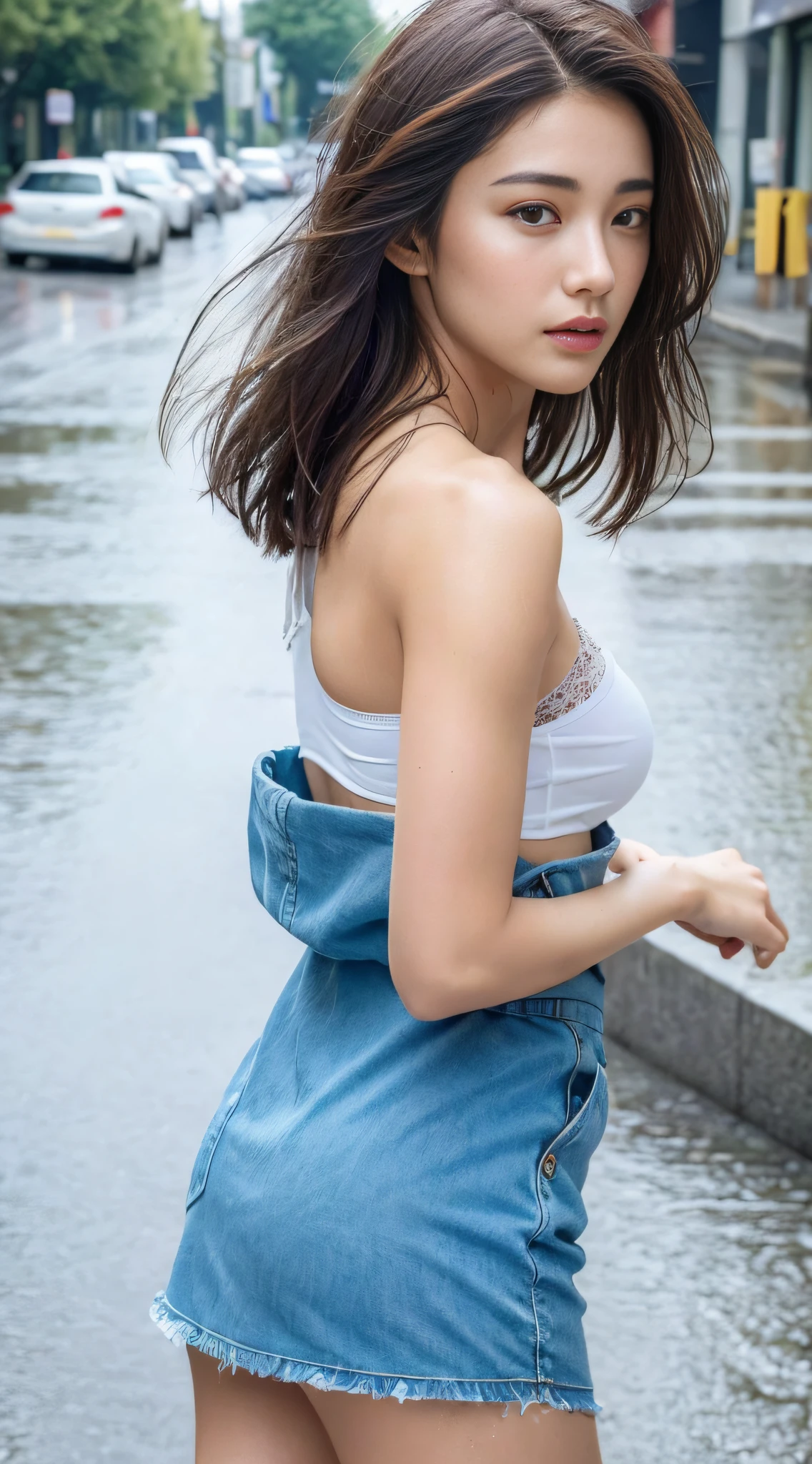 ((Best Quality, 8K, Masterpiece:1.3)), Focus: 1.2, Perfect Body Beauty: 1.4, Buttocks: 1.2, ((Layered Haircut, Breasts: 1.2)), (Wet Clothes: 1.1) , (Rain, Street:1.3), Bandeau Dress: 1.1, Highly Detailed Face and Skin Texture, Delicate Eyes, Double Eyelids, Whitened Skin, Long Hair