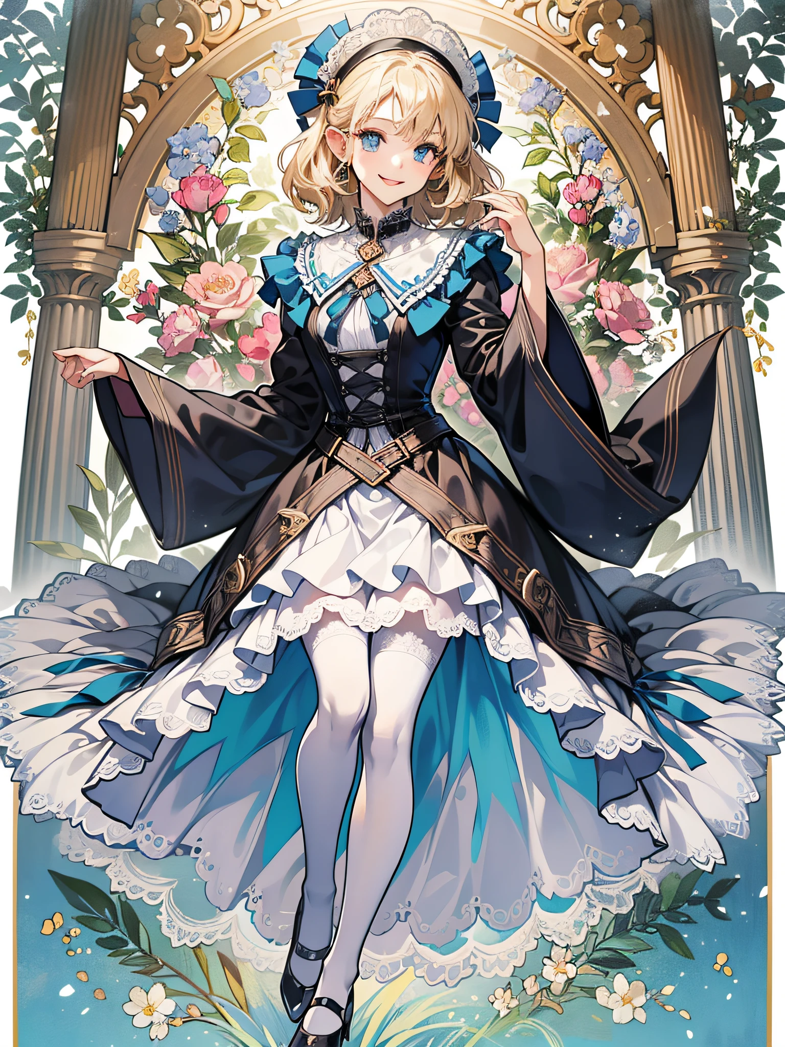 (elvish, teens girl, solo, Full body posture, platinum-blonde,Twin-tailed, blue eyes, Smiled, Greetings at Curtsy),
(White blouse, Round collar, Ruffled collar, long-sleeve),
(Blue Goth Loridrest, Shoulder buttons, Knee-length skirt),
(White tights),
(White lace bloomers),
(Black enameled shoes, lanyard, Low Heels),
Mucha style background