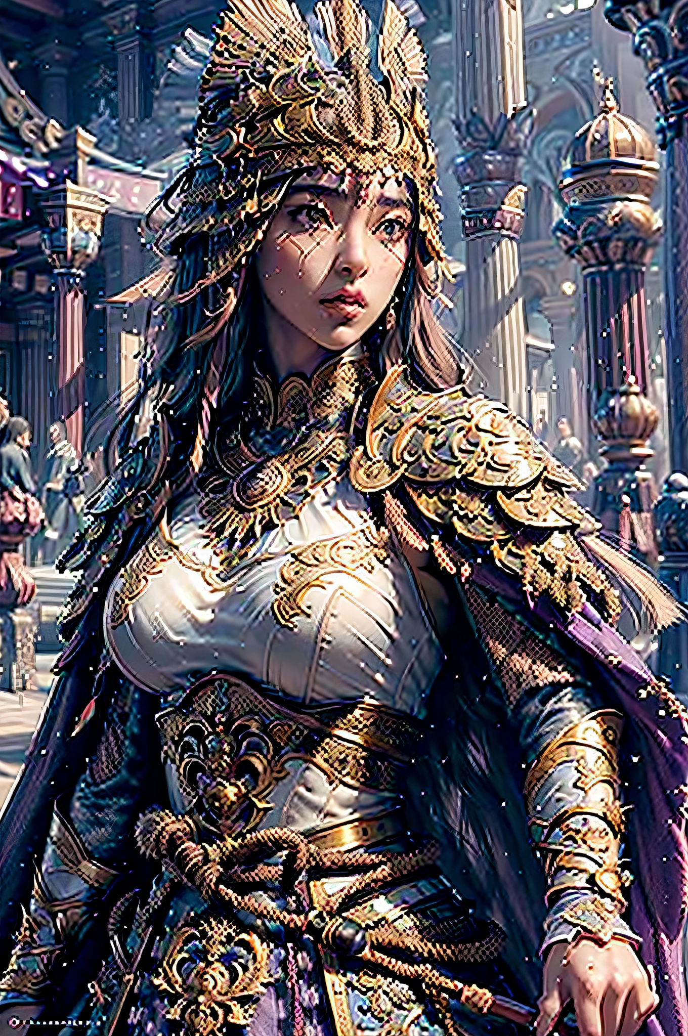 ((masterpiece))), (((best quality))), ((ultra-detailed)), (hyperrealistic), (highly detailed CG illustration), cinematic light, photorealistic ,extremely beautiful young lady, (beautiful face and lips), light makeup, big breast,  intricate purple eaba, purple cape, spear, trending on artstation.