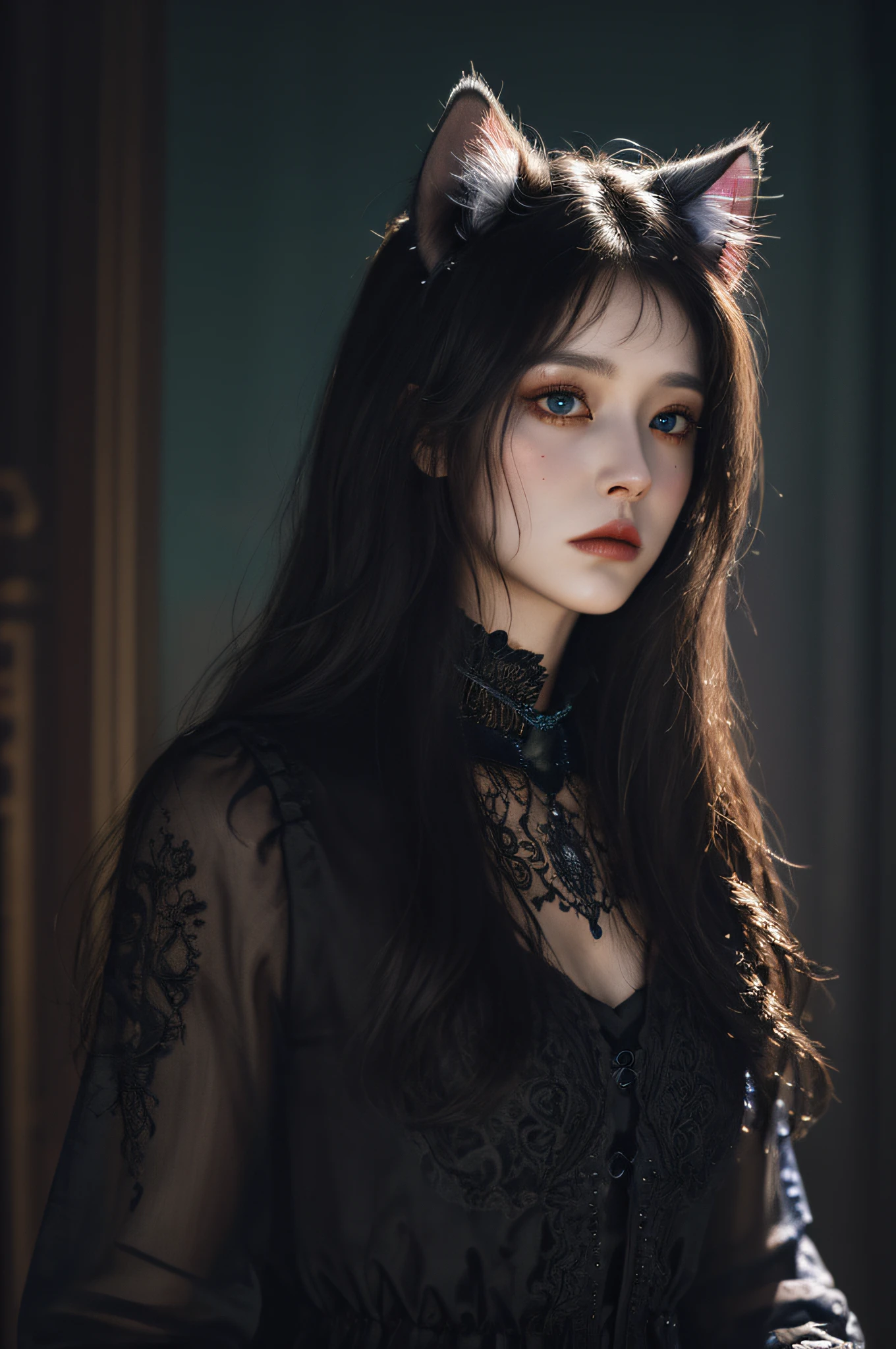 (absurdres, highres, ultra detailed), 1girl, solo, extremely detailed eyes, (official art, beautiful and aesthetic:1.2), (dark art,erosion,fractal art :1.3), colorful, horror,highest detailed, (fluffy cat ears)