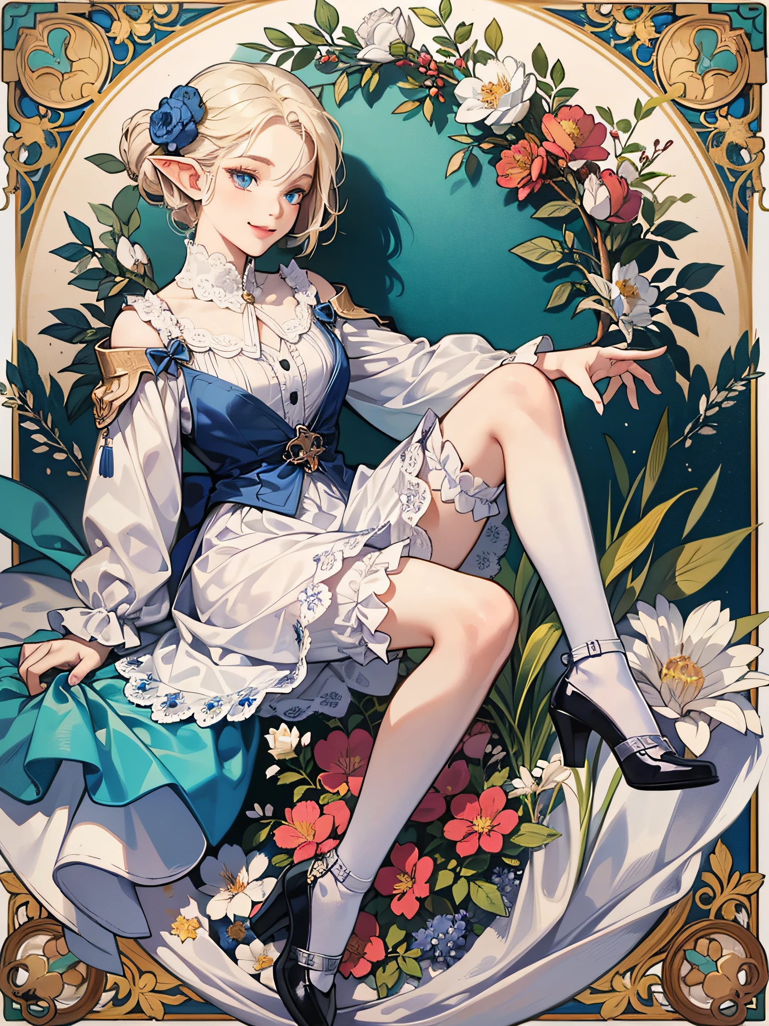 (elvish, teens girl, solo, Full body posture, platinum-blonde,Twin-tailed, blue eyes, Smiled, Greetings at Curtsy),  
(White blouse, Round collar, Ruffled collar, long-sleeve), 
(Blue Goth Loridrest, Shoulder buttons, Knee-length skirt), 
(White tights),
(White lace bloomers),
(Black enameled shoes, lanyard, Low Heels),
Mucha style background