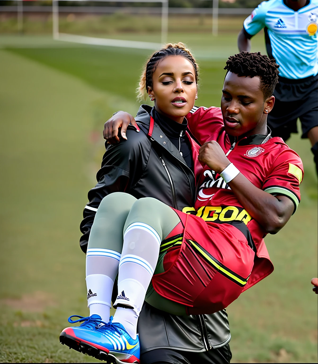 a love scene, interracial loving action, erotic, a consciousless soccer-boy in matte cotton-sportswear is lying in the arms of his african girlfriend, a consciousless soccer-boy in matte cotton-sportswear is helplessly hanging in his african girlfriend's arms, there is an attractive african girl in a deep black high-shine biker-jacket, a terrified but attractive african girl is evacuating her injured boyfriend from a soccer field, a wounded soccer-boy in matte cotton-sportswear is crying in pain while he is evacuated from a sports field by his very attractive african girlfriend, an injured soccer-boy in matte cotton-sportswear is crying in pain, an attractive african girl in a wet deep black shiny plastic-jacket is giving first aid, dramatic action scene, first aid, injury, pain, agony, helping woman, woman carrying a man, an attractive african girl in a black shiny biker- jacket, an attractive african girl in a wetlook shiny patent-leather-biker-jacket with lipstick and madeup smokey eyes, a consciousless german soccer-boy in matte cotton-sportswear, a shorthaired fainted german soccer-boy in matte cotton-sportswear, a fainted german soccer-boy in matte cotton-sportswear is helplessly hanging in the arms of his attractive african girlfriend with a shiny biker-jacket, an attractive african girl with lots of makeup in a very shiny wet black biker-jacket, an attractive african girl is wearing a shiny bikerjacket, an attractive african girl with smokey eyes, an attractive madeup girl in shiny leather with lipstick, an attractiveafrican girl is carrying a german boy in her arms, a matte clothed injured boy, a shorthaired soccer-boy in matte cotton-sportswear, a shorthaired boy needs to be carried while wearing matte