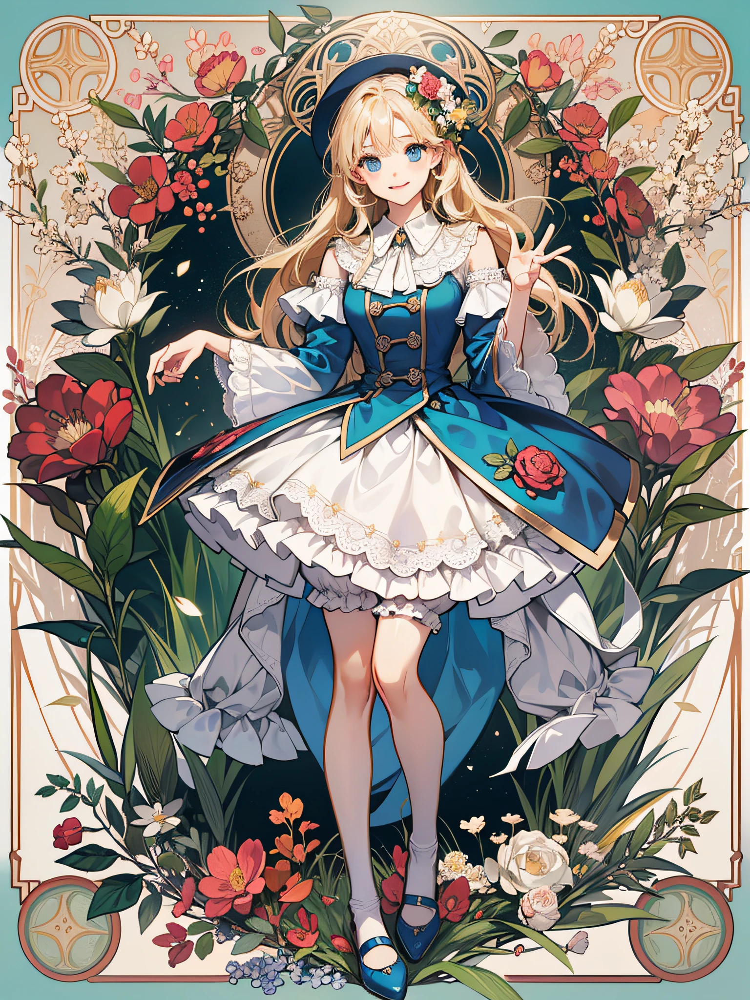 (elvish, teens girl, solo, Full body posture, platinum-blonde,Twin-tailed, blue eyes, Smiled, Greetings at Curtsy),  
(White blouse, Round collar, Ruffled collar, long-sleeve), 
(Blue Goth Loridrest, Shoulder buttons, Knee-length skirt), 
(White tights),
(White lace bloomers),
(Black enameled shoes, lanyard, Low Heels),
Mucha style background