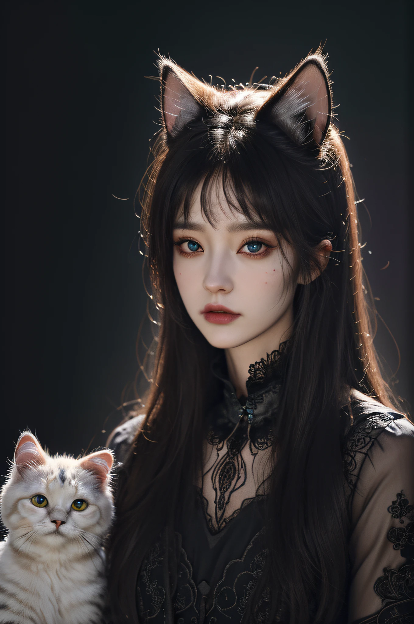 (absurdres, highres, ultra detailed), 1girl, solo, extremely detailed eyes, (official art, beautiful and aesthetic:1.2), (dark art,erosion,fractal art :1.3), colorful, horror,highest detailed, (fluffy cat ears)