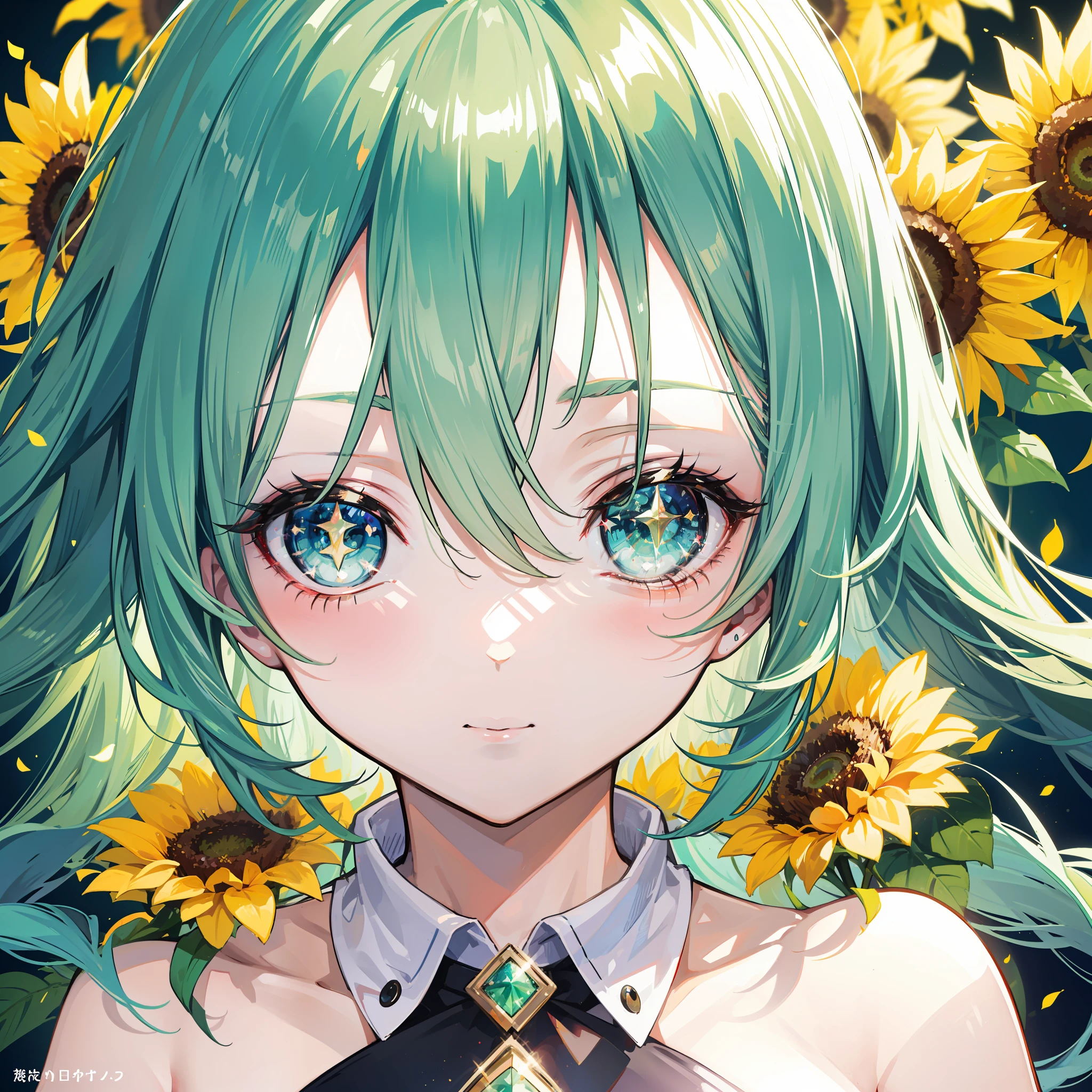high-level image quality、hiquality、Beautiful eyes、up of face、Sparkling eyes、One girl with green hair、mystical、Fantastical、Background that seems to be sucked in、Glittery sunflowers、Sunlight shines in、glowing gemstones