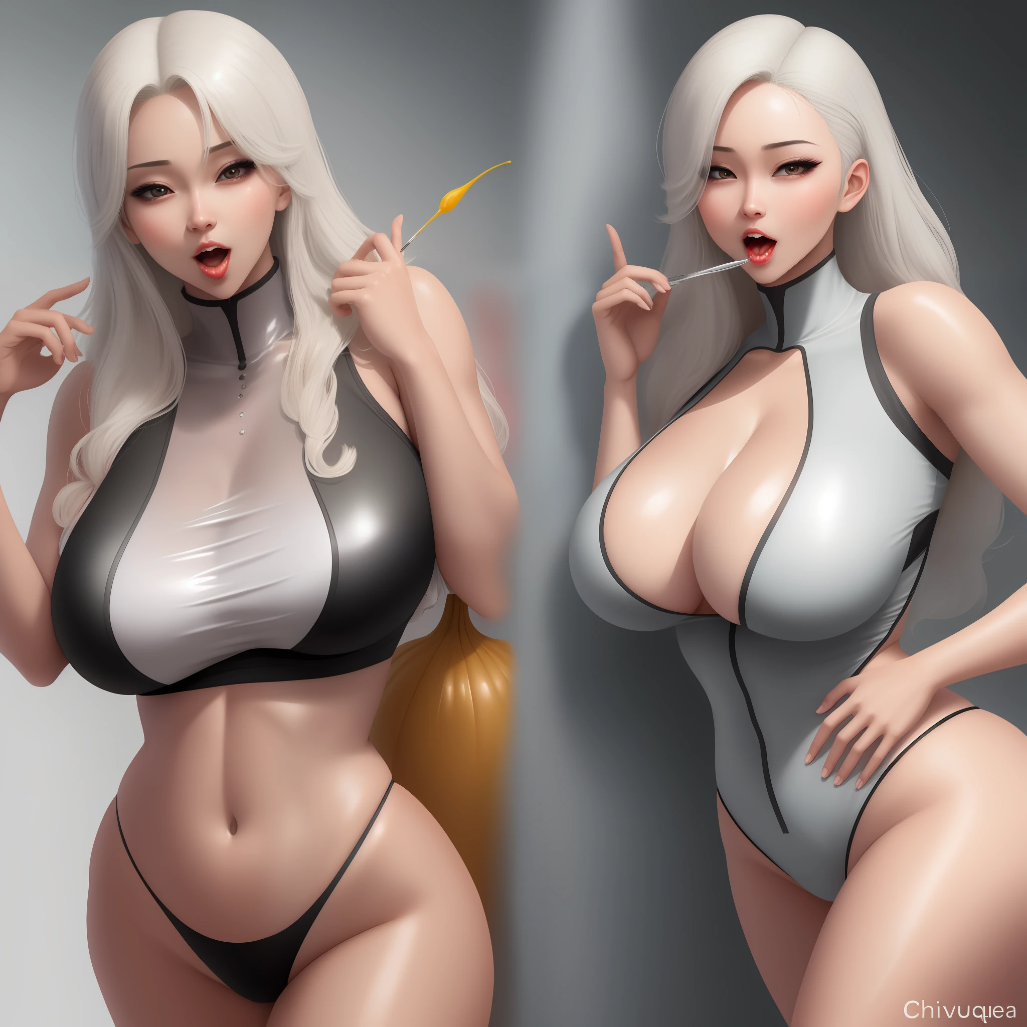 chiquita, Cocked buttocks, good body, wetted skin, Huge breasts do not show breasts, oral invitation, ahegao, naughty face, UHD, super detail, high details, highres, 16k