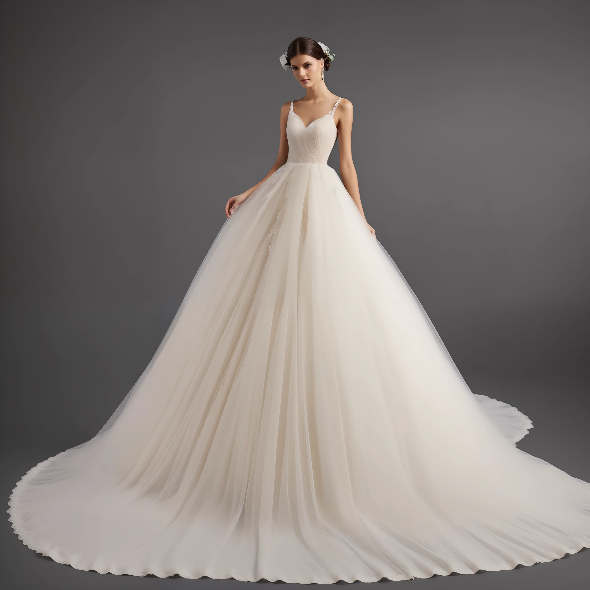 A gorgeous wedding dress，in a panoramic view，with black background，Sideslit