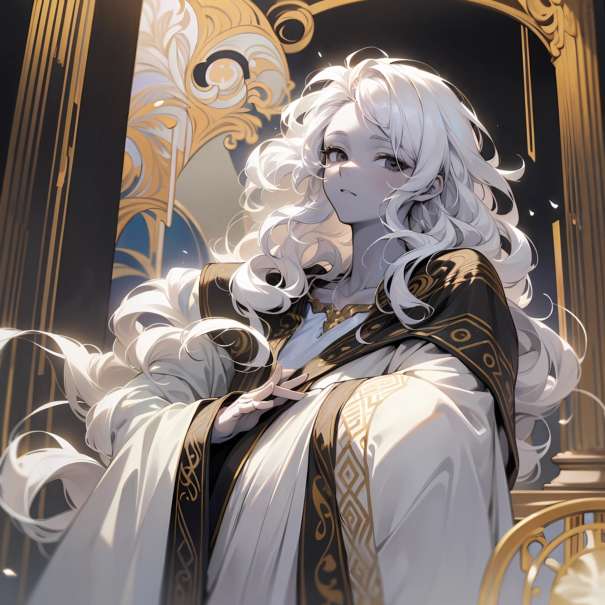 (((white shirt))), (((fantasy style))), ((golden hem)), ((fantasy patterns on fabric)), ((magical patterns on fabric)), (male), ((flat chest)), ((fantasy shirt)), ((golden lace))