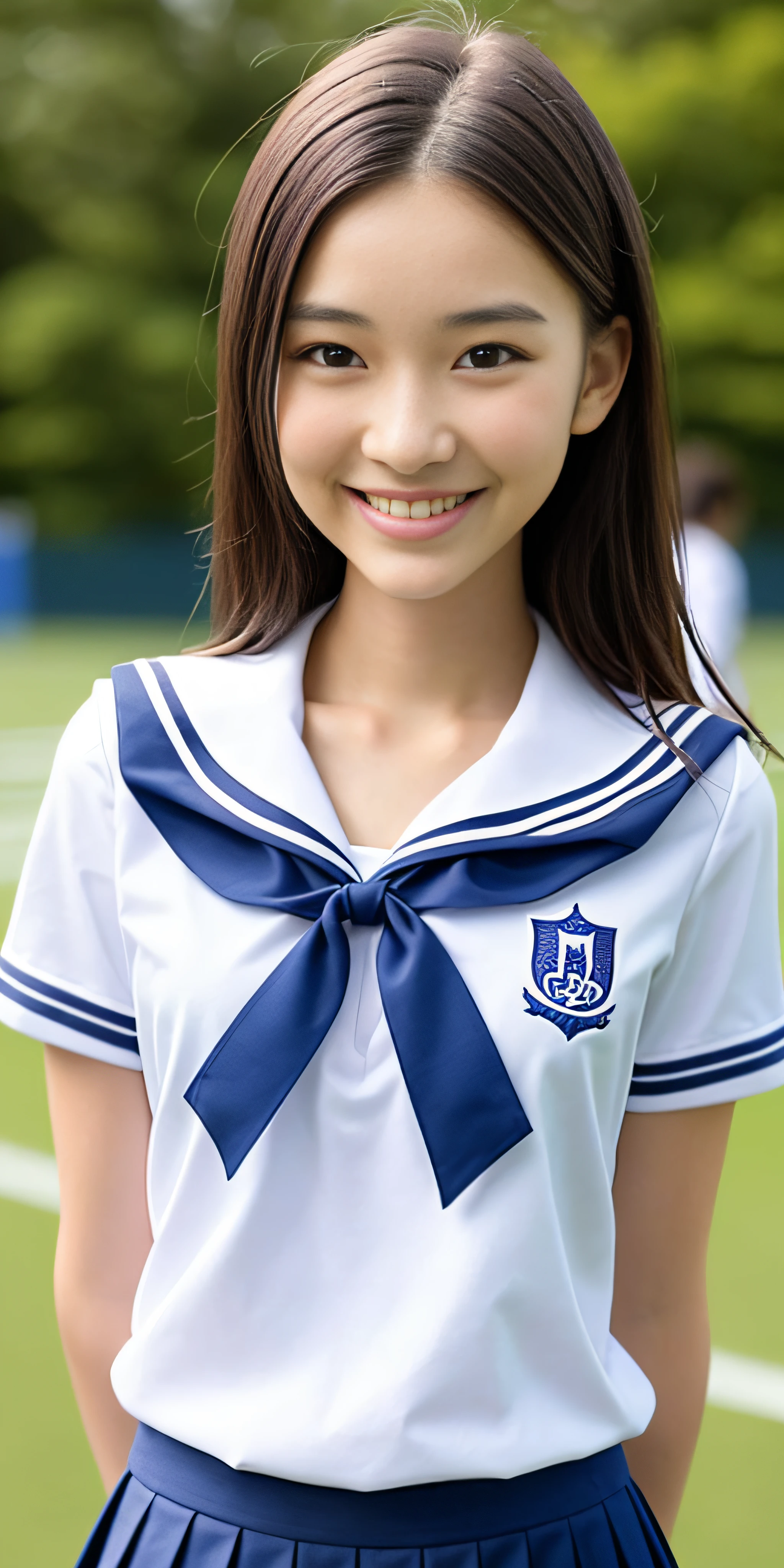 neat college girl, (school uniform, sailor uniform, ribbon tied at chest, summer uniform, upper body white, skirt dark blue, short sleeves), outside the athletic field, (slim), photorealistic, detail, skin texture, ultra detail, delicate and sexy collarbone, smile, super detailed face, detailed lips, detailed eyes, double eyelids, small breasts, small breasts, small, small, flat chest