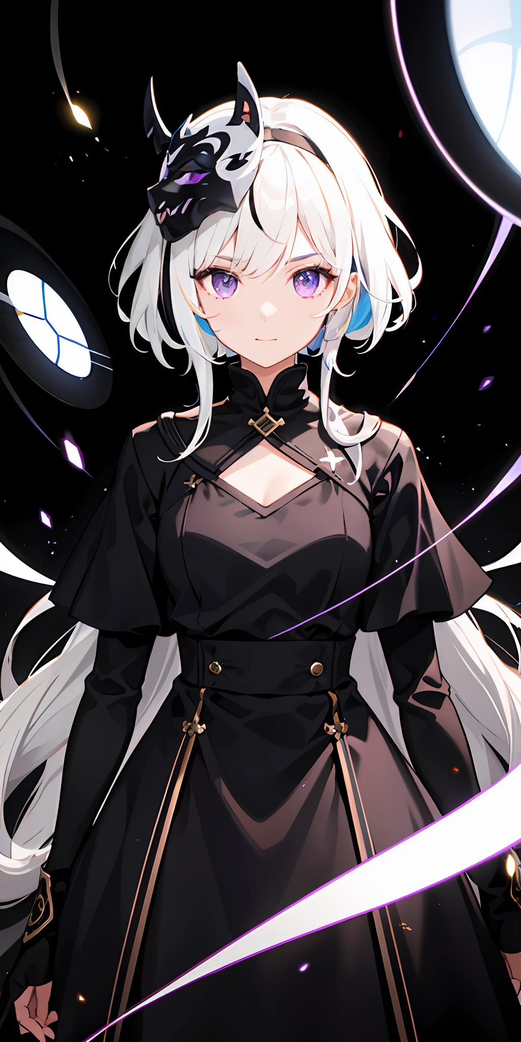 1girl, white hair, multicolored hair, purple eyes, mask on head, sidelighting, light particles, wallpaper,