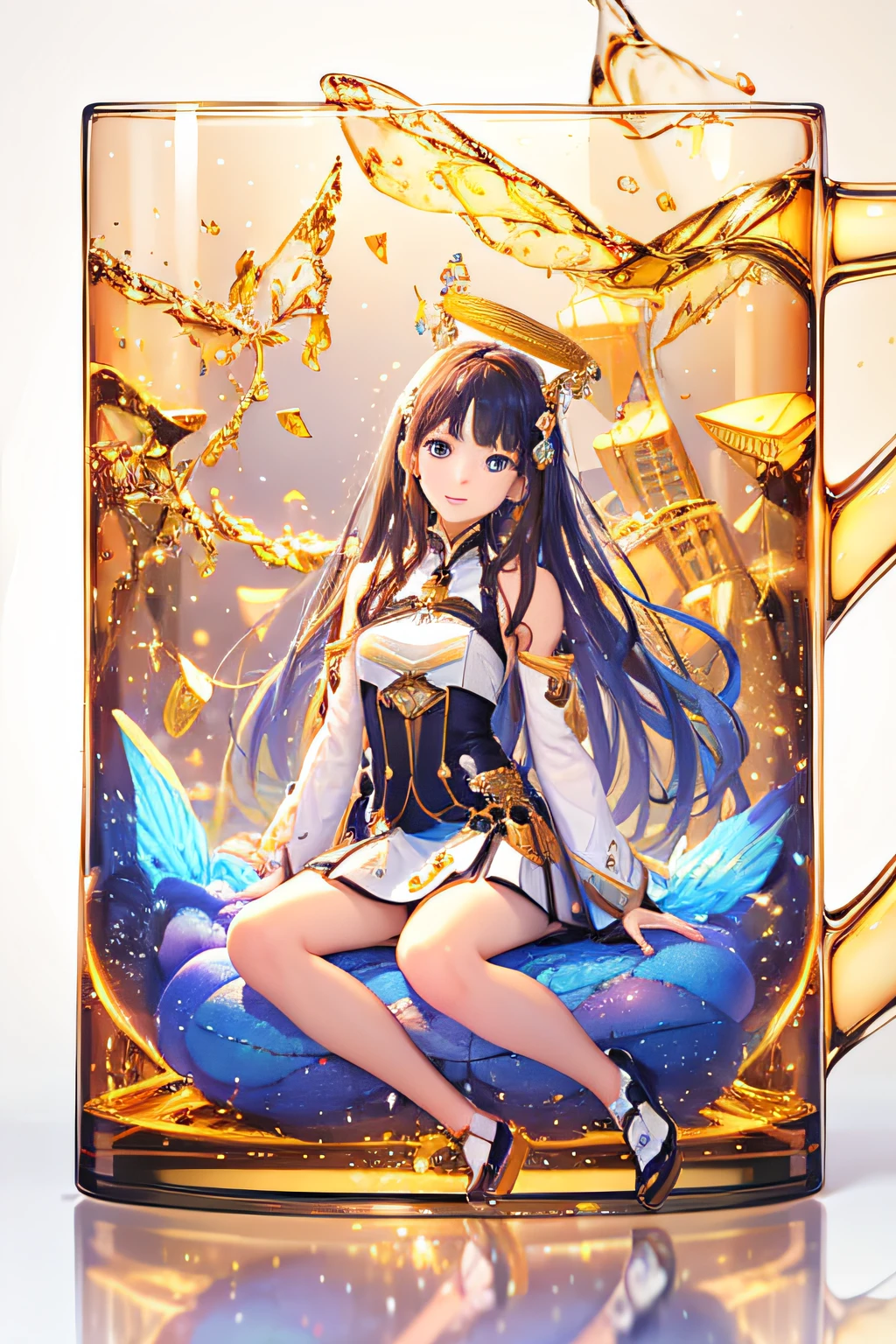 nffsw, cups, in container, (masterpiece:1.6, Top image quality), (Exquisite beautiful eyes: 1.2), 1girl in, 独奏, sitting on, angelicales、Blue、
