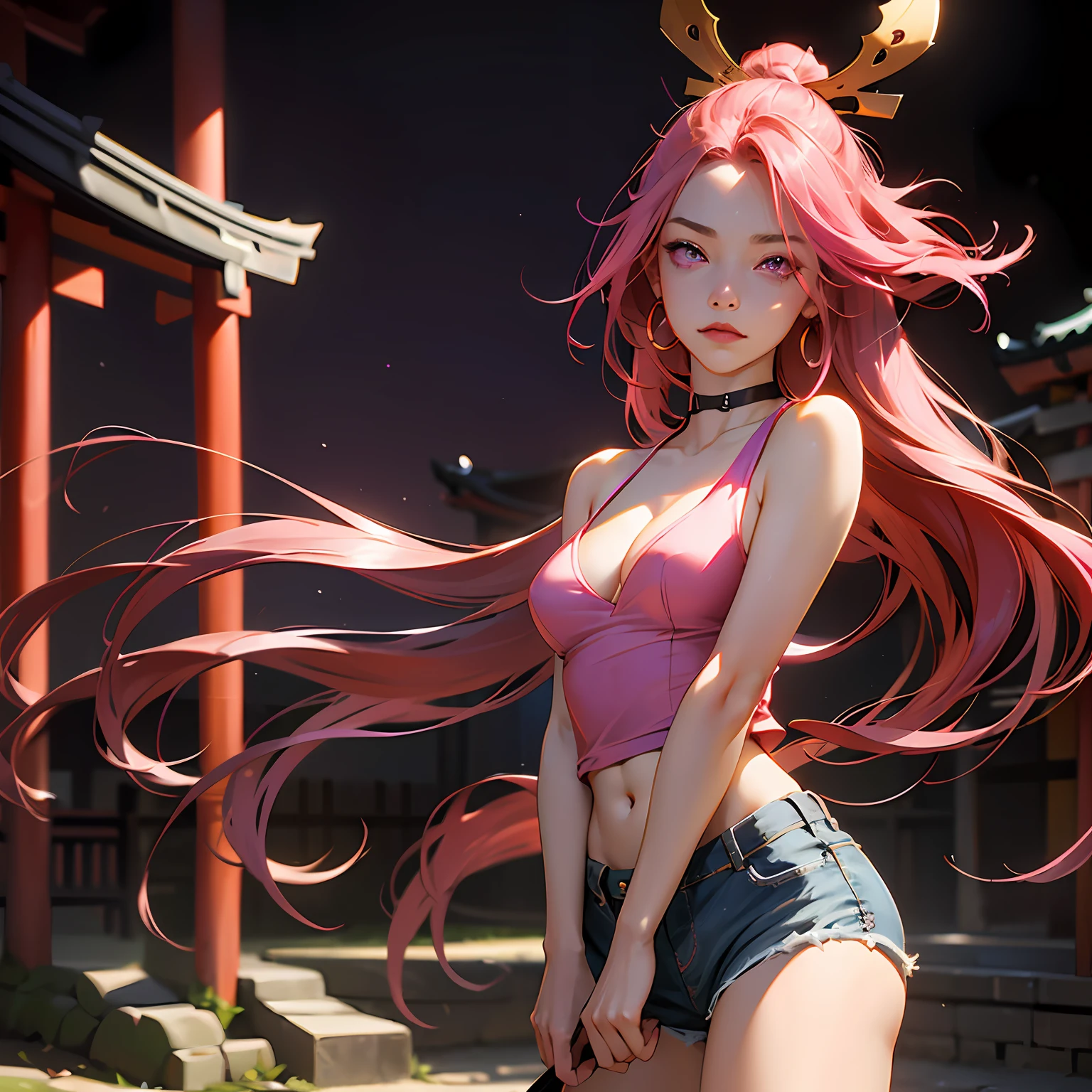 (tmasterpiece,Need,1girll,Solo,The details are complex,color difference),photorealestic,cropped shoulders,Smaller bust,Expose both ,Slim figure,Yae Miko,Pink Long Hair,red headgear,Red highlight,Hair above one eye,Purple eyes,耳Nipple Ring,Perfectly symmetrical figure,choker necklace,pink Bras,tight denim shorts,against a wall,brick walls,scribbles,dim murky lights,alley,looking at viewert,((Cleavaguctive,big breasts enc((sakurabackground))),(((Japanese temple background))), (((Glow-in-the-dark background))) --auto