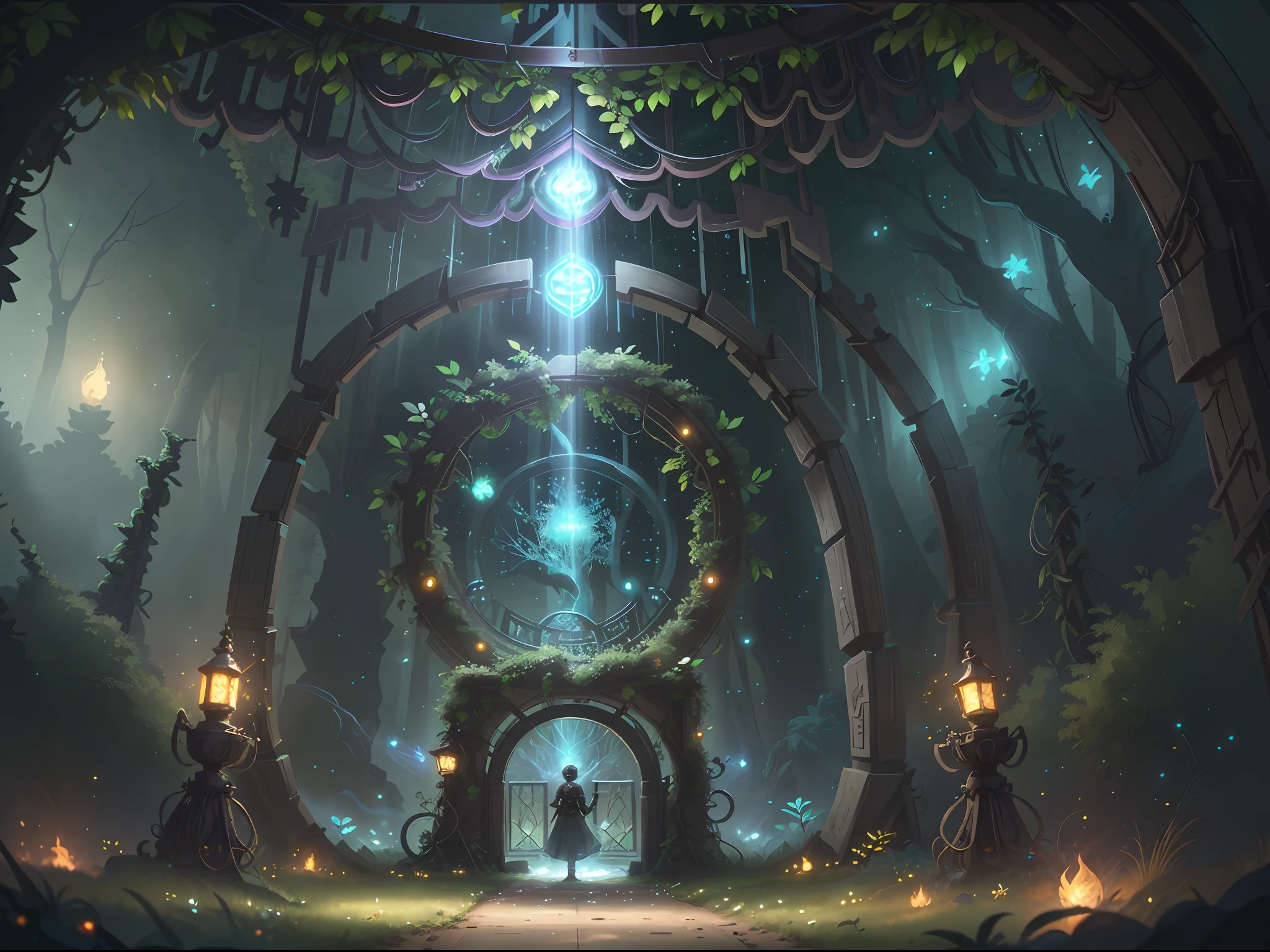 (Digital Artwork:1.3) of (Sketched:1.1) octane render of a mysterious dense forest with a large (magical:1.2) gate (portal:1.3) to the eternal kingdom, The gate frame is designed in a round shape, surrounded by delicate leaves and branches, with fireflies and glowing particle effects, (UI interface frame design), (natural elements), (jungle theme), (square), (leaves) , (twigs), (fireflies), butterflies, (delicate leaves), (glow), (particle effects, light engrave in intricate details, (light particle:1.2), (game concept:1.3), (depth of field:1.3), global illumination,Highly Detailed,Trending on ArtStation