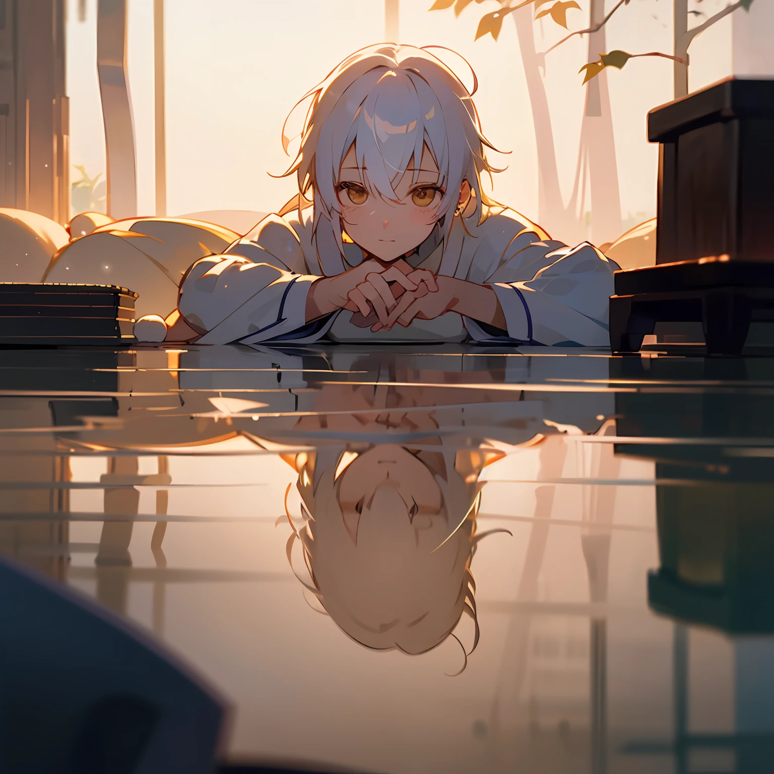 The white-haired man is cute and charming,Exquisite CG illustration,Depth of field playful,Soft two-dimensional light and shadow,A cozy scene with a little Japanese anime elements,It's heart-wrenching,Unforgettable。 --auto
