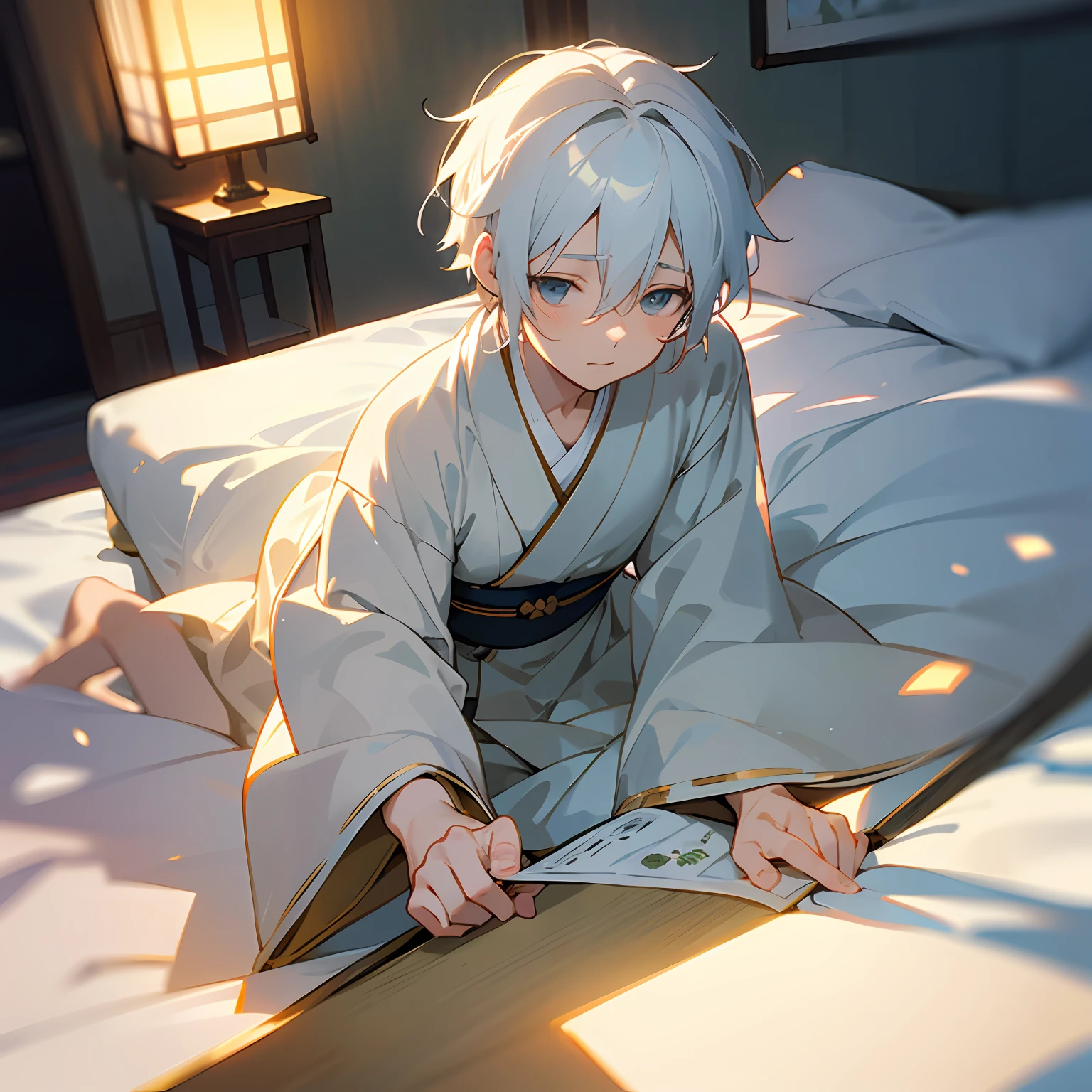 The white-haired man is cute and charming,Exquisite CG illustration,Depth of field playful,Soft two-dimensional light and shadow,A cozy scene with a little Japanese anime elements,It's heart-wrenching,Unforgettable。 --auto