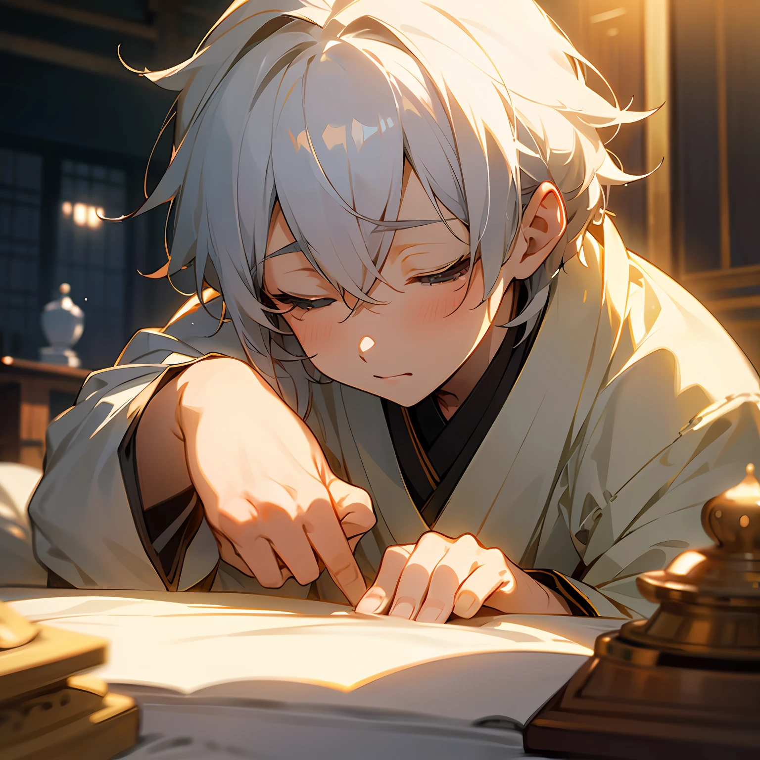 The white-haired man is cute and charming，Exquisite CG illustration，Depth of field playful，Soft two-dimensional light and shadow，A cozy scene with a little Japanese anime elements，It's heart-wrenching，Unforgettable。 --auto