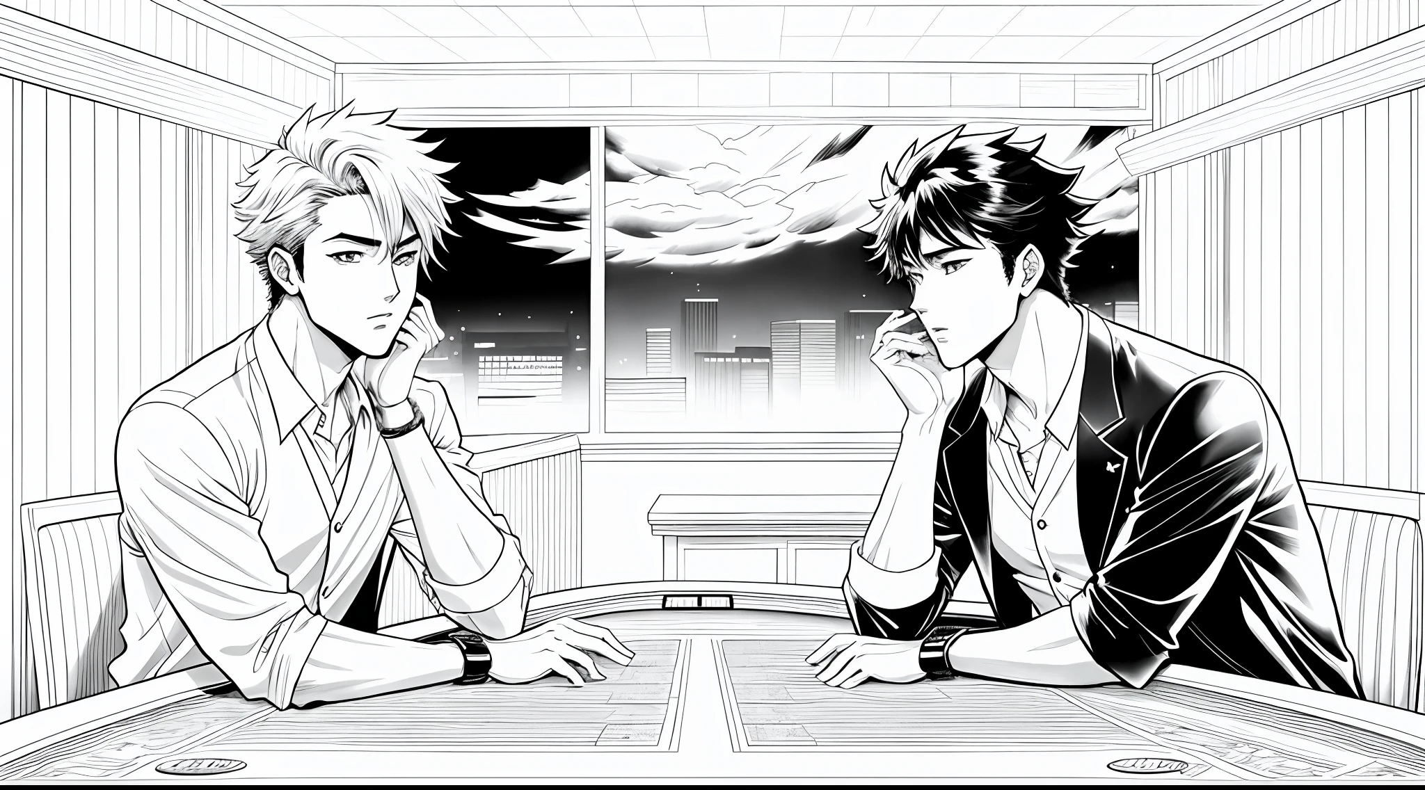 Anime image of two men gambling game, black and white manga panel, black and white manga style, two anime handsome men, Black and white comics, black and white manga page, Black and white comics, Manhwa Style, striking manga artstyle, kentaro miura manga art style, jin shan and ross tran, Official illustration