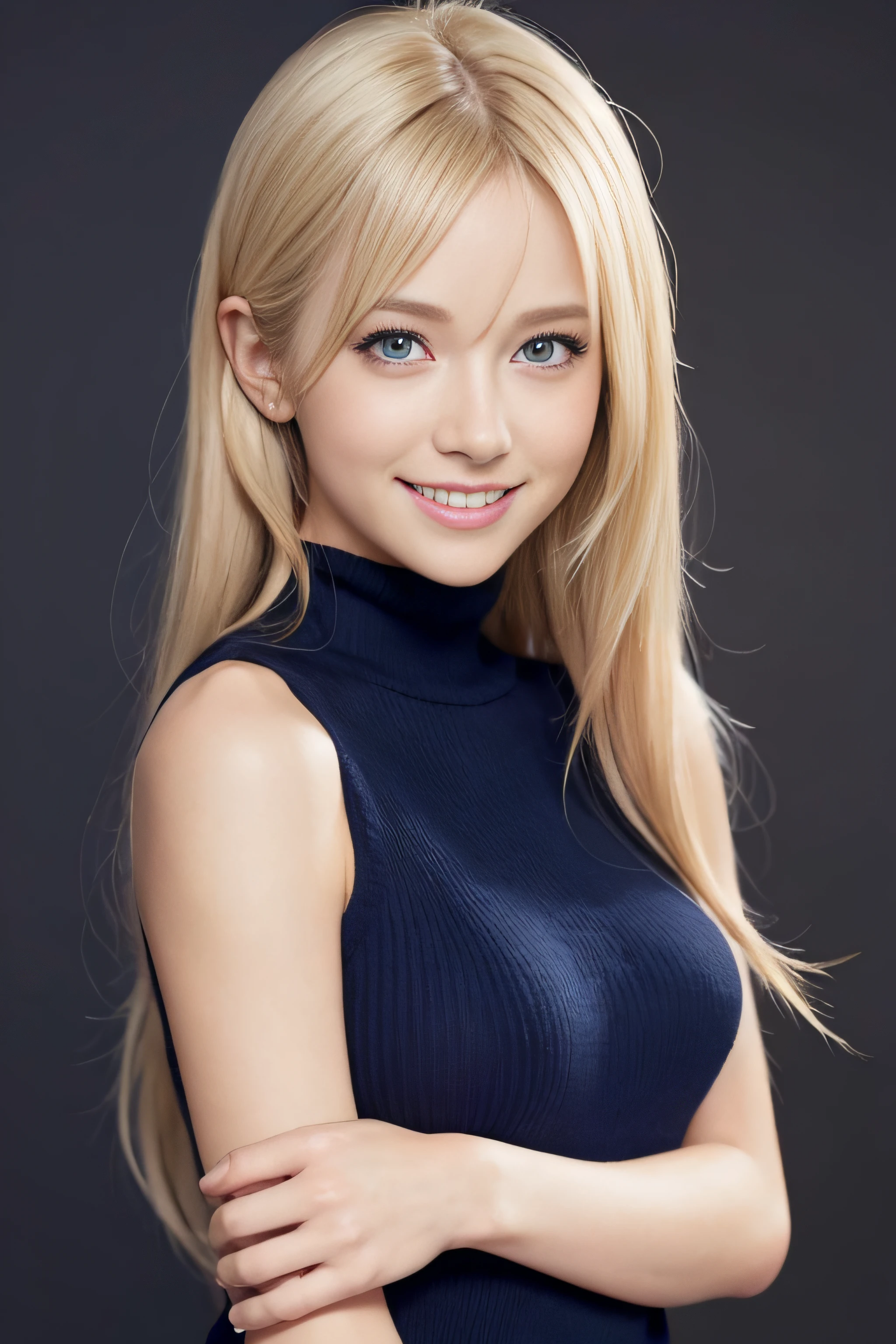 {{virgin killer sweater without sleeves}}, {{bare arms}}, bare hands), blonde long hair, very cute, azure eyes, smile, 1 girl, {{perfect anatomy}}, perfect and interesting background, ultra-detailed, an extremely delicate and beautiful, detailed light, masterpiece)