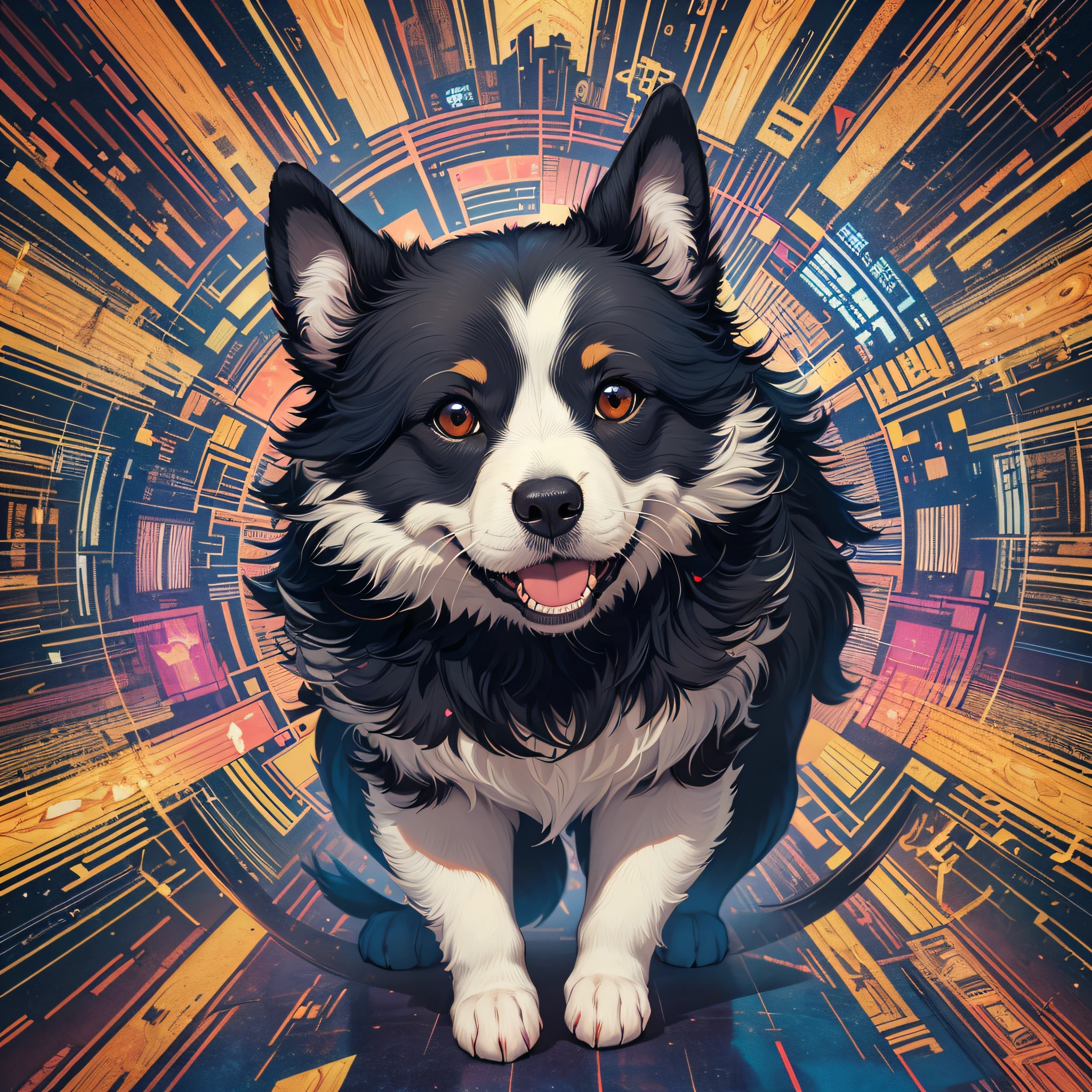 masterpaintings, the best quality, Cute side herding dog, hyper detailled, offcial art, unity 8k wallpapper, red and blue, seductively smiling, Kaleidoscopic imagery, (Symmetrical pattern):1.2、bright coloured, geometric shapes,flattering design, optical illusions,Dynamic composition --aut