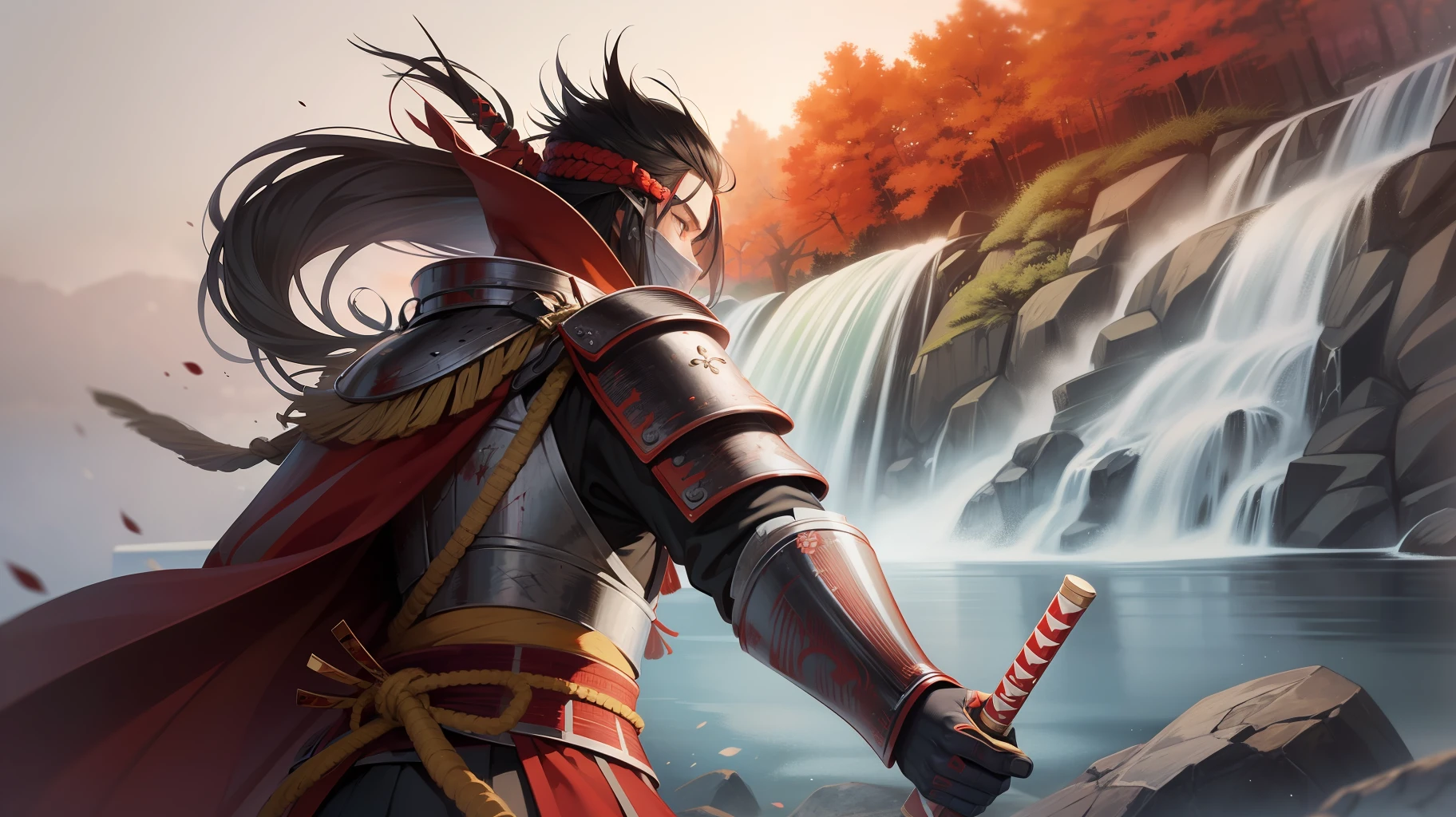 Samurai of Japan,Wearing armor,Holding the bushido in his hand,The armor emits blood-red lines,Behind you is a waterfall