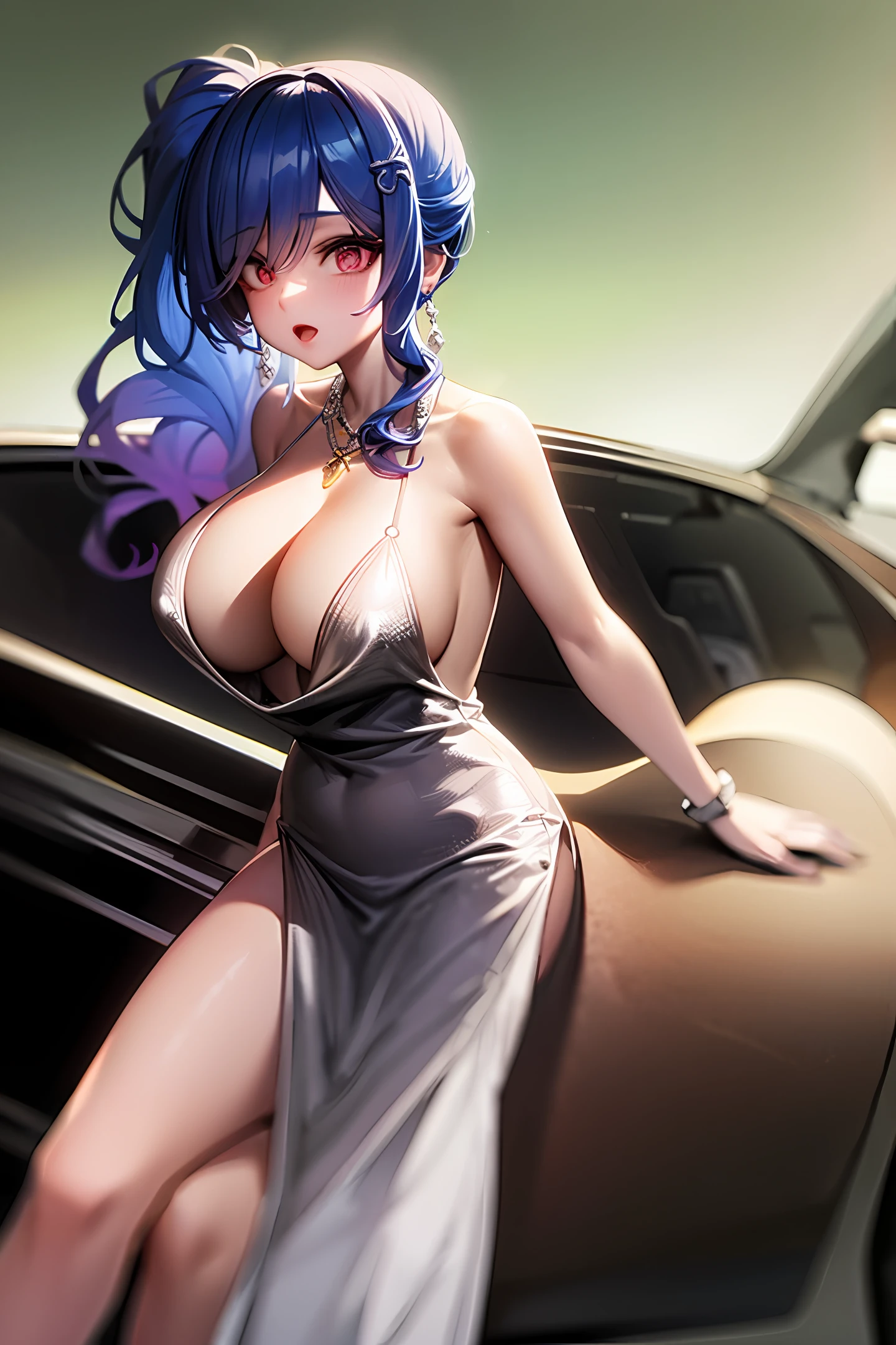 Extra big-breasted little loli centaur cyberpunk driving a car