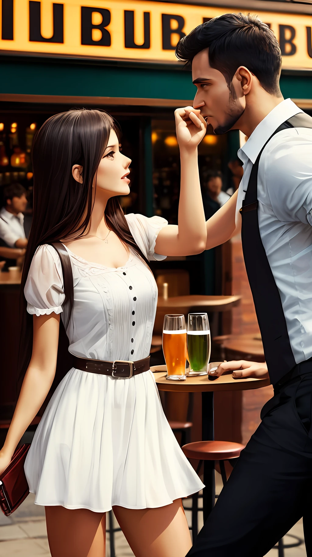 Girl slap to men, pub background, --auto