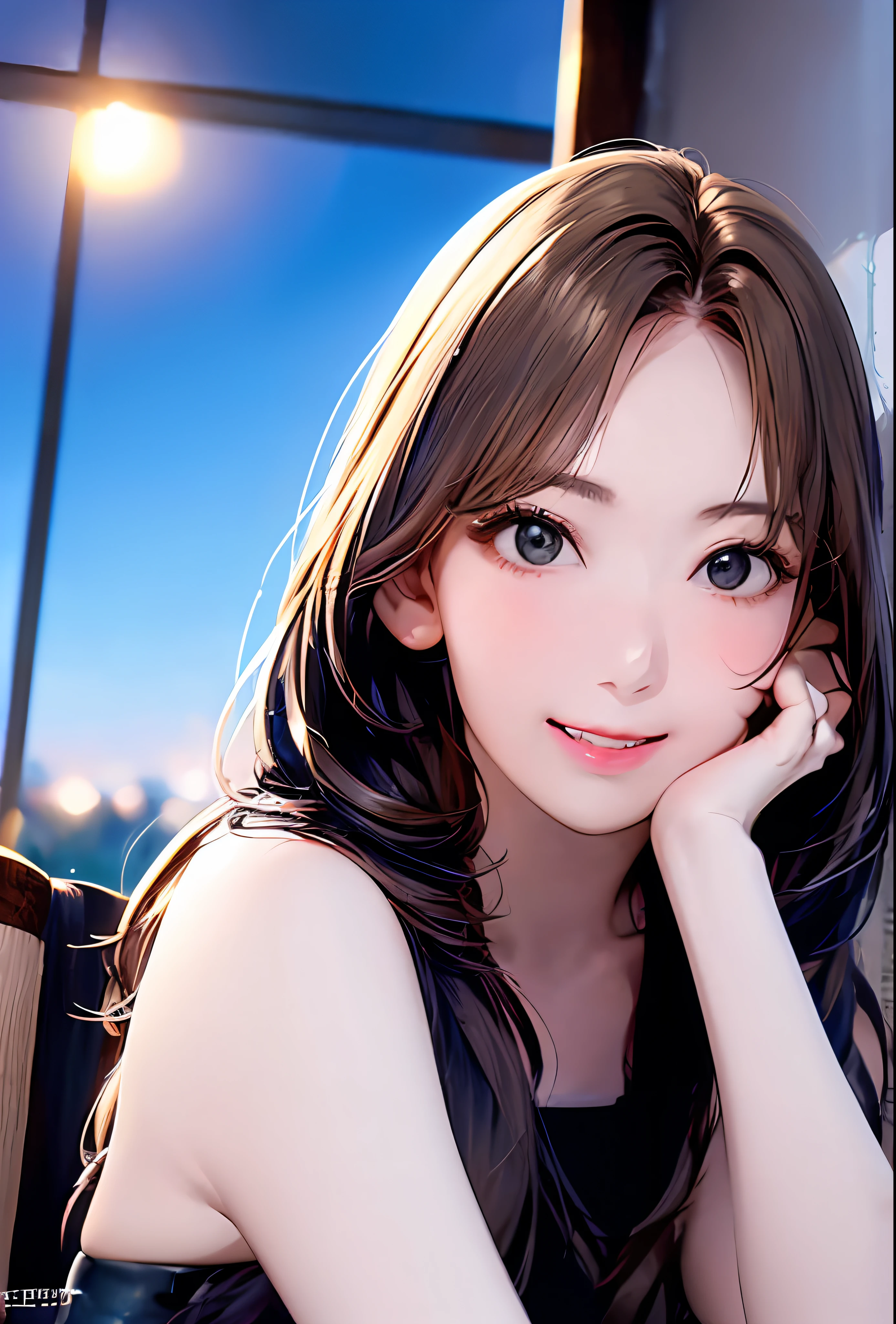 (in 8K、top-quality、masterpiece:1.2)、(realisitic、Photorealsitic:1.37)、高精細CG統合8K壁紙、(HQ Skin:1.8、shiny skins)、8KUHD、Digital SLR、Soft lighting、hightquality、Film grain、FujifilmXT3(Professional Writing:1.6)、ultra-detailliert、 1 人、cute little、独奏、mid night、Beautiful detailed sky、Detailed Cafe、sitting on、date、(Nasal blush)、 (smile1.15)、(Keep your mouth shut)small tits、beautiful tbig eyes、Floating Hair NovaFrogStyle、