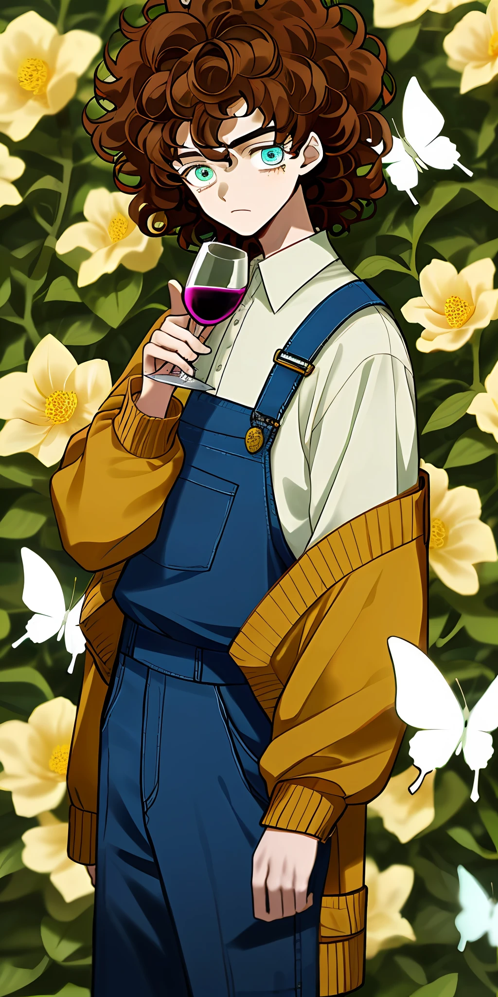 (masterpiece, best quality), Sixteen years old boy with big, brown and curly hair. He has a yellow flowers in his head. He's eyes are orange. he's dressing a yellow cardigan with a blue overall. shy and a little bit sad. He's holding a wine glass. There are some white butterflies around him.