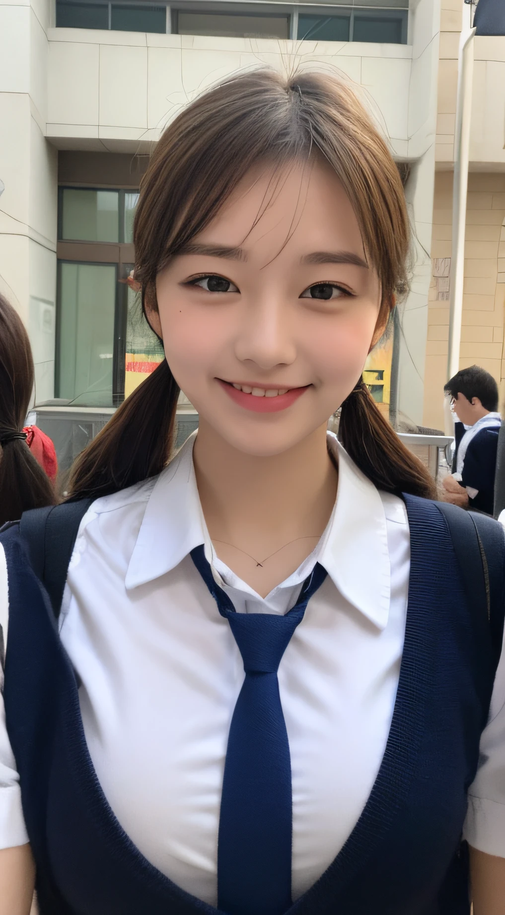 Highly detailed 8k wallpaper), sharp focus, detailed, dramatic, delicate and beautiful schoolgirl, sheer white shirt, tie, dark blue pleated micro mini, light brown hair, smooth pigtails, sexy, smile, peeking at the viewer, beautiful graphics, bright school building, full of students, showing the whole body,.