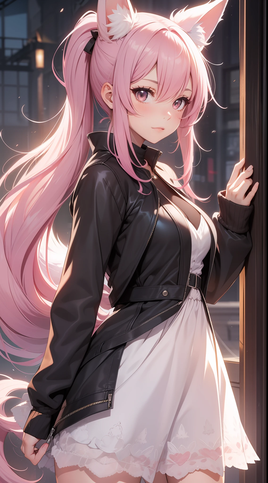 Adult woman, pink hair, low ponytail, white eyes, Fox ears, Foxtail, open dress, Masterpiece, hiquality