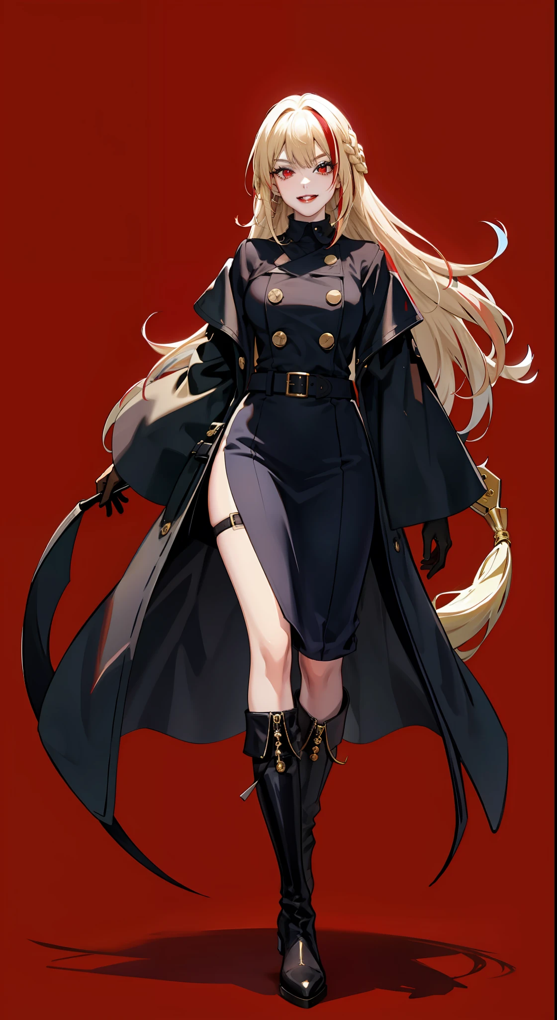 1girl, blonde hair, solo, long hair, red eyes, gloves, multicolored hair, looking at viewer, black gloves, red hair, red background, streaked hair, red lips, upper body, bangs,red theme,bad-girl, large breasts,shiny skin,(mature female),standing, (from below:0.8), devious, smirk, seductive, (knee-high boots), (full body), double-breasted, long-tail coat