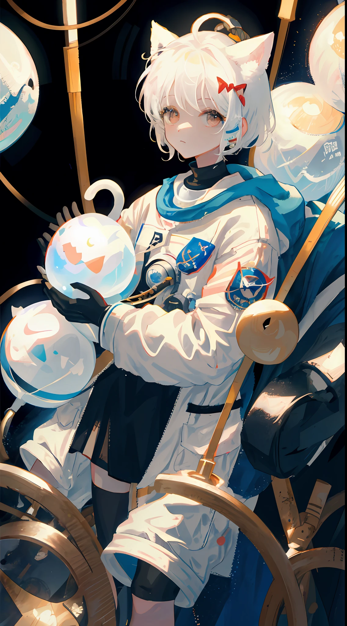 Huge planets surround the universe，A female astronaut in a white spacesuit floats alone in space。She wears a small bow on her，The black eyes were calm，White hair fluttering。On her ears are two cute cat ears，A wire and a pipe floated by。She played a solo piece in her hand，Sound spreads in the silent space。