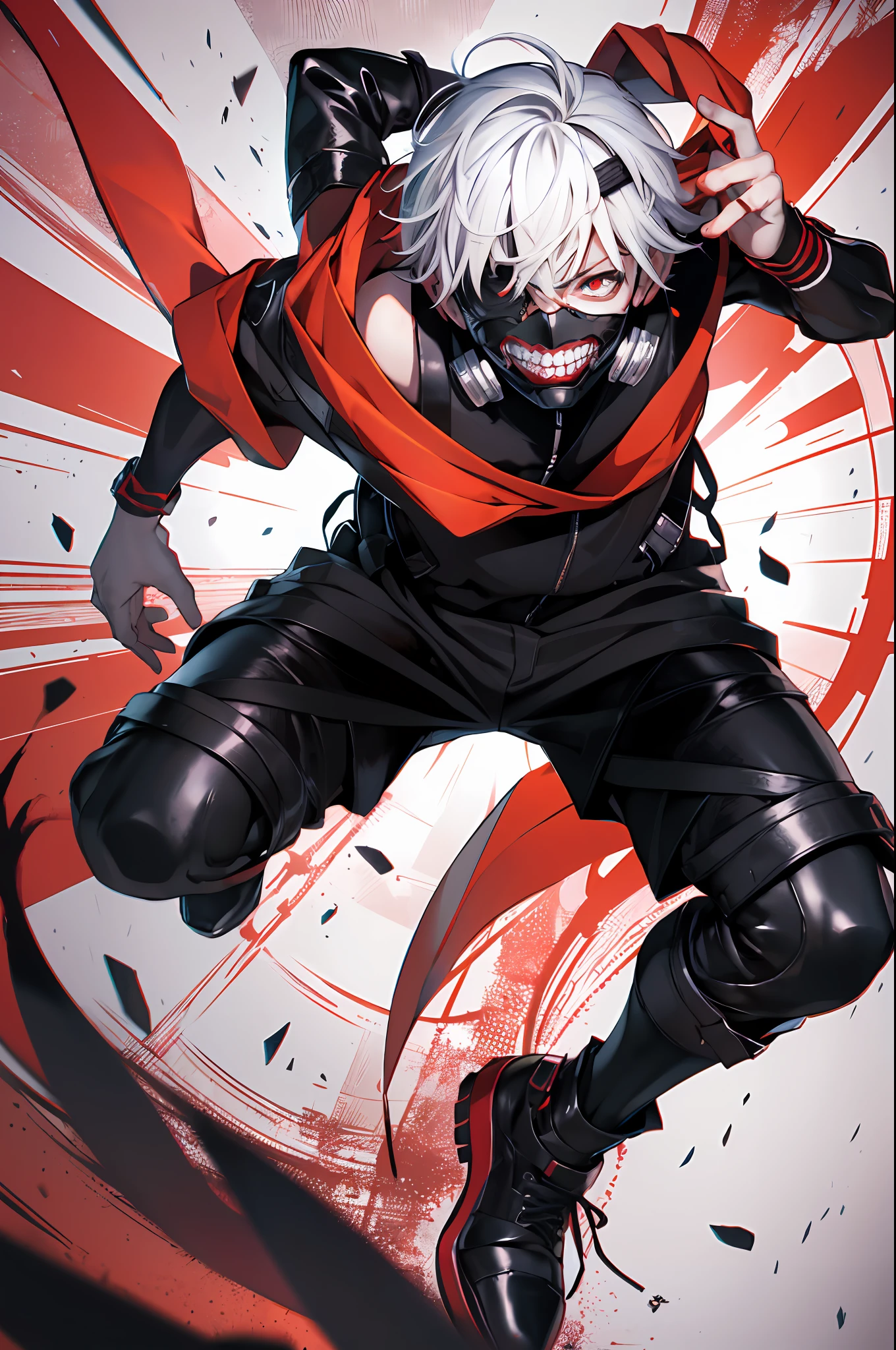 8k, anime, portrait, best quality, ultra high res, ultra detailed, high contrast color tone, extremely detailed lighting, cinematic lighting, soft lights, (masterpiece, high quality:1.4), (kaneki ken, white hair, red and black eye, mask | fangs, sharinggan eyes, white exoskeleton armor , with red scarf, scorpio tentacles), blood, ((full body)), (dynamic pose), orange background, thrilling, (fierce face) dynamic jump pose