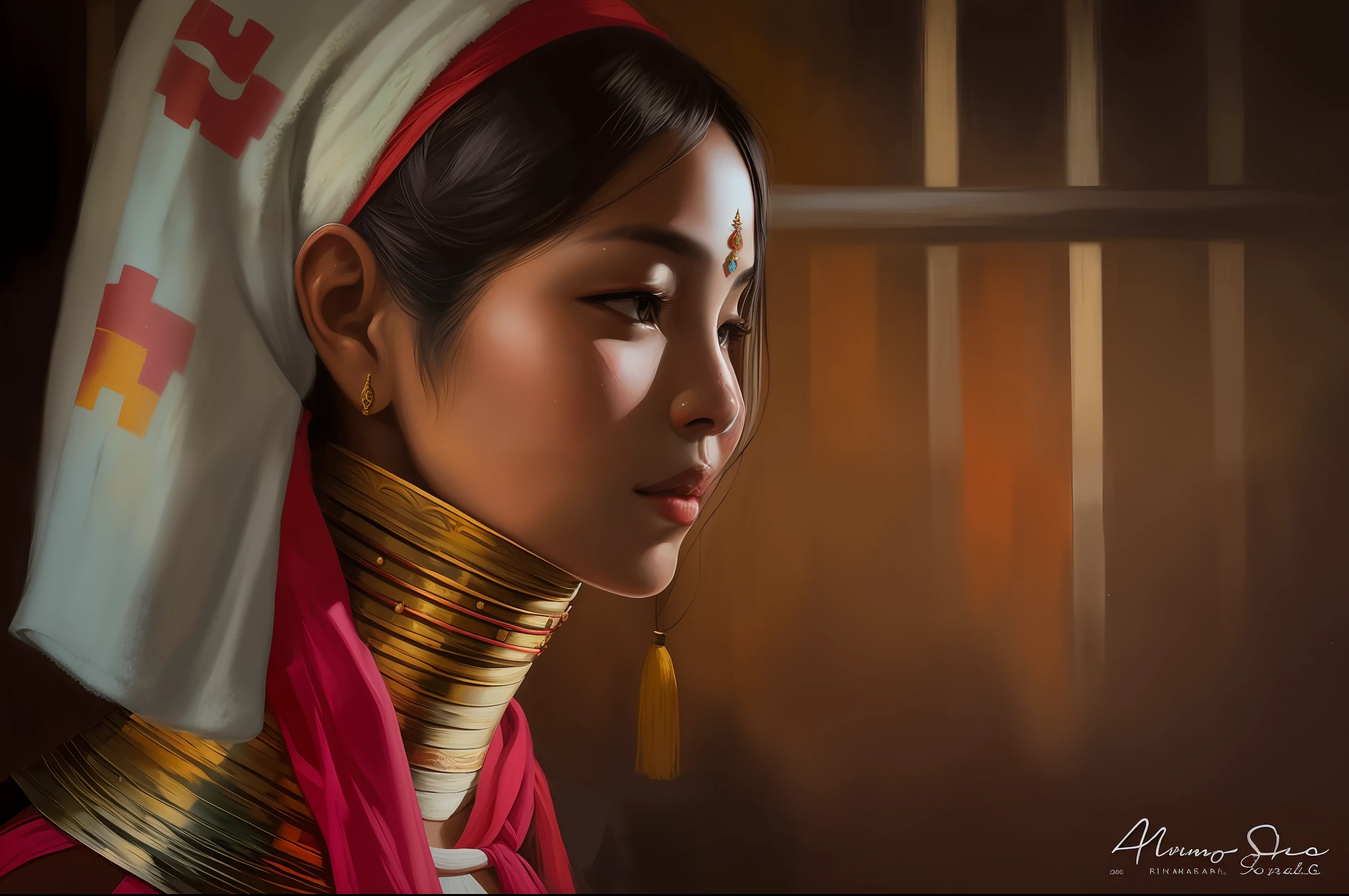 arafed woman with neck rings and a towel on her head,  portrait oil painting, traditional beauty, award winningoil painting, very long neck, closeup portrait , wearing tribal armor, tribal jewelry, award winning portrait, gorgeous lady, award-winning portrait myanmar.