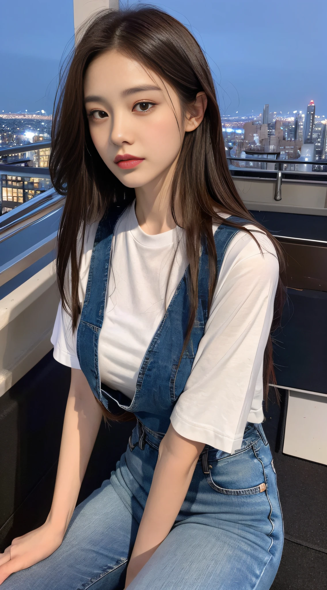 ((Midnight, Best quality, 8k, Masterpiece :1.3)), Whole body, Long legs, Sharp focus :1.2, A pretty woman with perfect figure :1.4, Slender abs :1.1, ((Dark brown hair, Big breasts :1.2)), (White tight tshirt, Jean bib, Standing:1.2), ((Night city view, Rooftop:1.3)), Highly detailed face and skin texture, Detailed eyes, Double eyelid