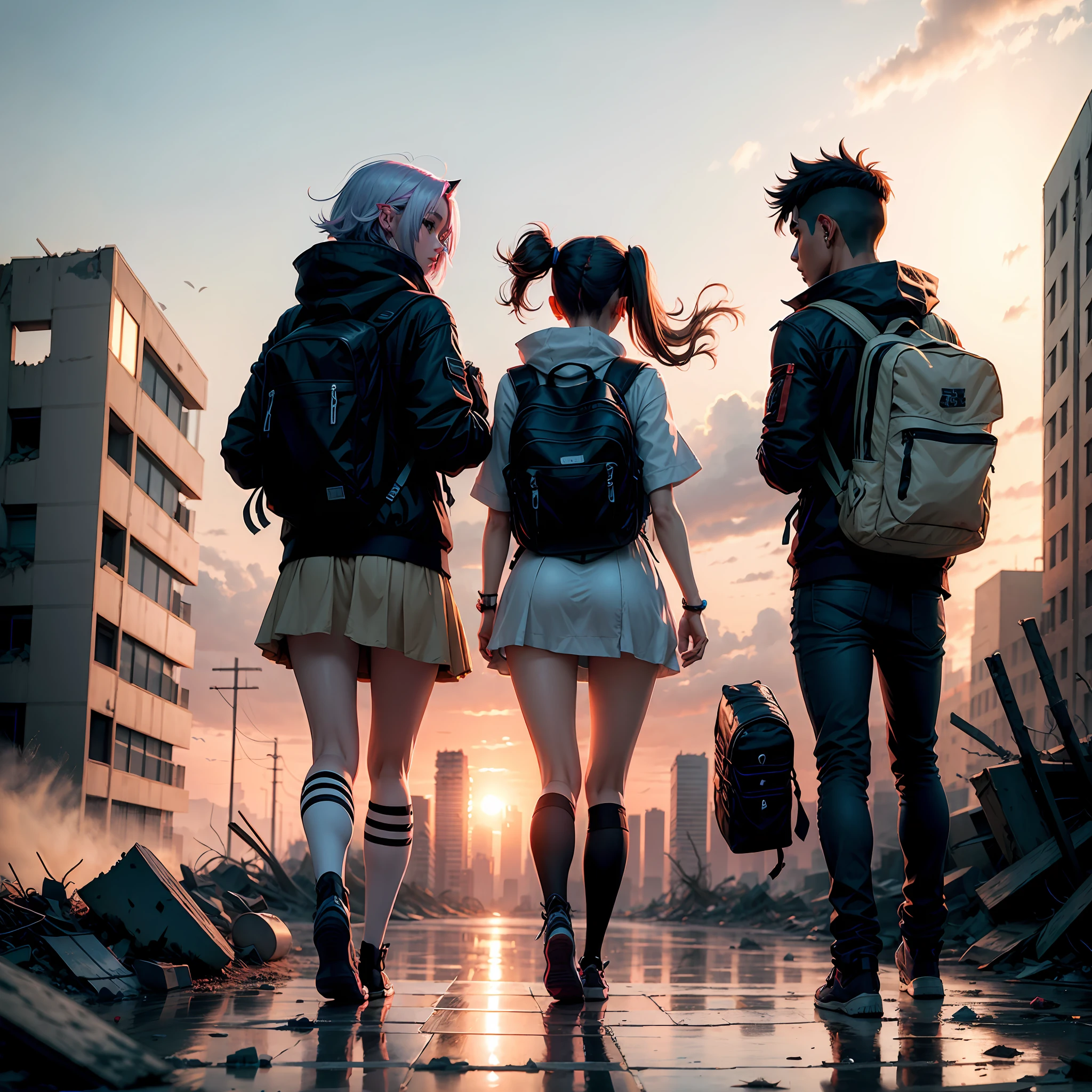 In the twilight,In the ruins of the destroyed city,A couple carrying backpacks,Look for food,style of anime --auto
